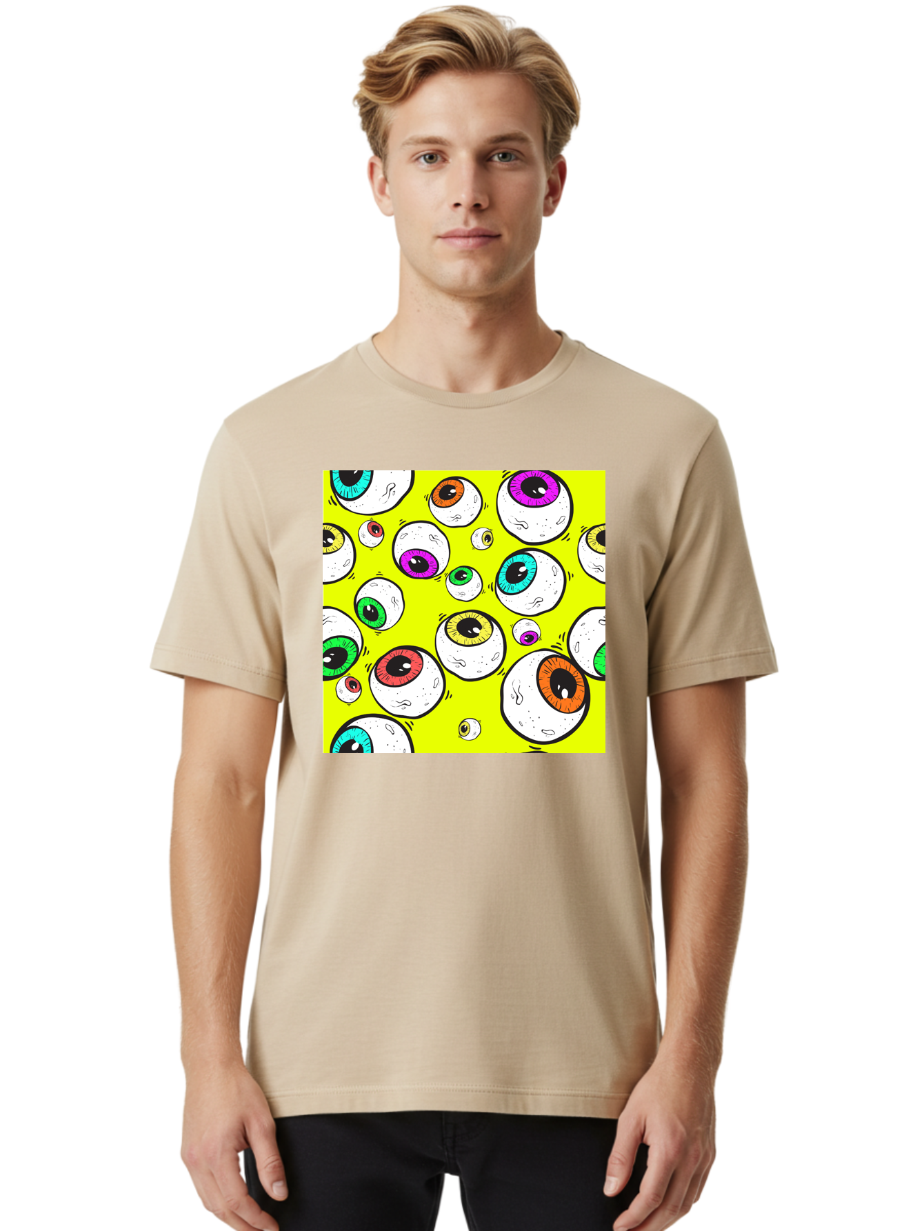 Colorful-Eyeballs Men'S Graphic Tee, 100% Cotton, Comfortable Casual Summer Wear, Machine Washable, Cartoon Eyeballs, Colorful Eyes, Vibrant Colors, Pop Art, Playful Graphics, Quirky Design, Eye-Catching Visuals, Fun Illustration, Aac386