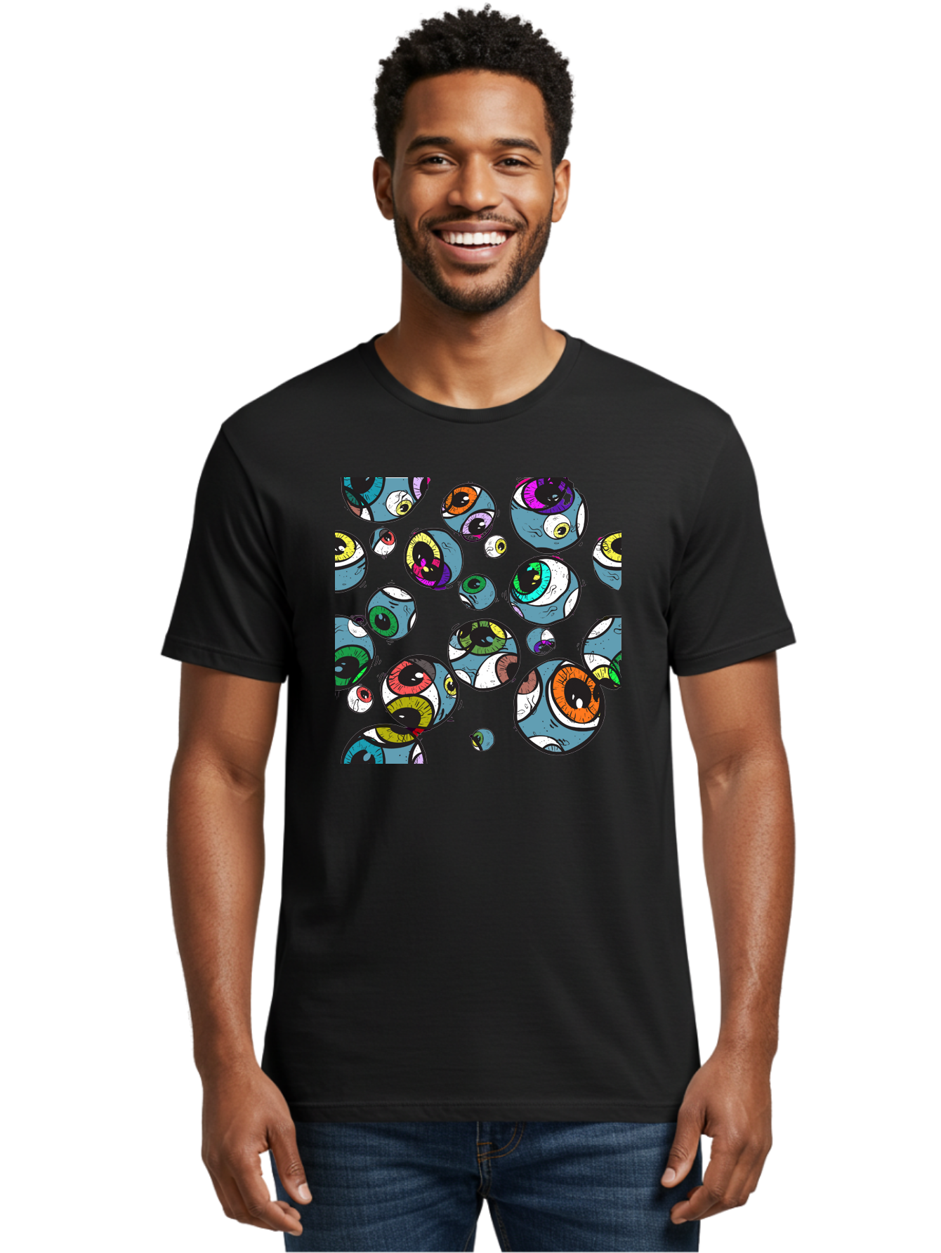 Eyes Men'S Graphic Tee, 100% Cotton, Comfortable Casual Summer Wear, Machine Washable, Cartoon Eyes, Colorful Eyes, Vibrant Eyed Pattern, Playful Illustration, Surreal Art, Whimsical Design, Multiple Eyes, Purple Background, Quirky Graphics, Aac388
