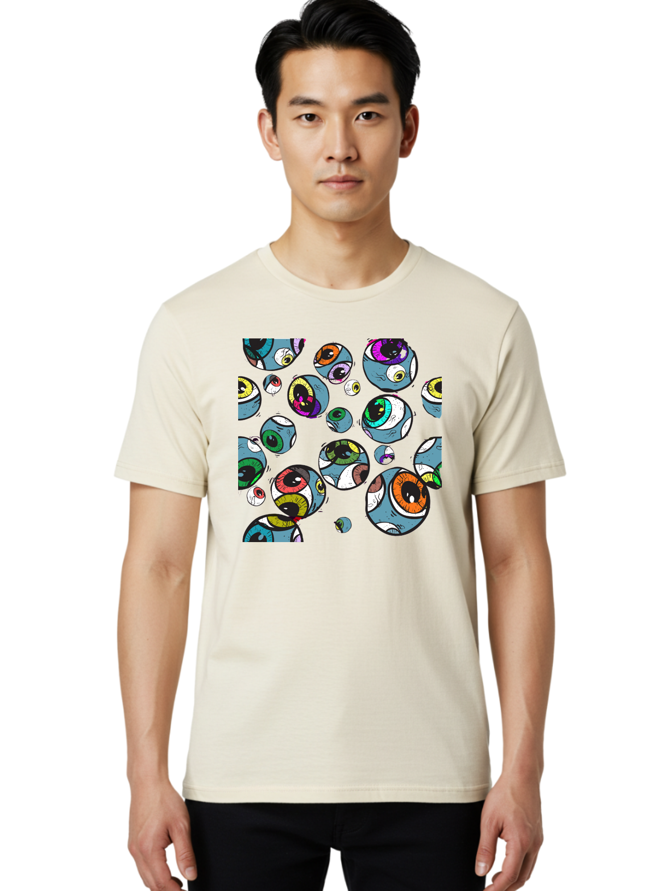 Eyes Men'S Graphic Tee, 100% Cotton, Comfortable Casual Summer Wear, Machine Washable, Cartoon Eyes, Colorful Eyes, Vibrant Eyed Pattern, Playful Illustration, Surreal Art, Whimsical Design, Multiple Eyes, Purple Background, Quirky Graphics, Aac388
