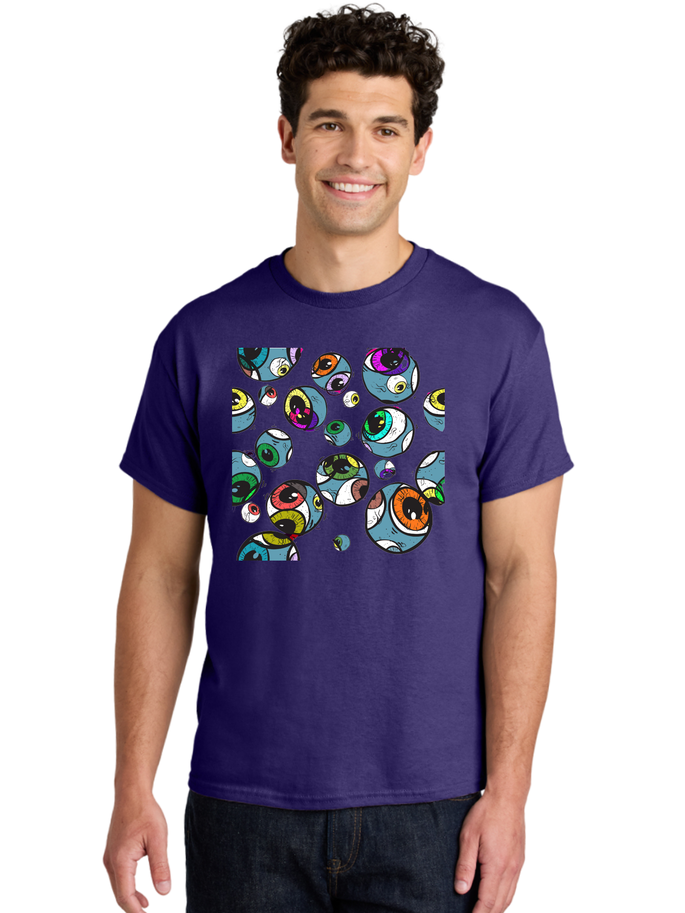 Eyes Men'S Graphic Tee, 100% Cotton, Comfortable Casual Summer Wear, Machine Washable, Cartoon Eyes, Colorful Eyes, Vibrant Eyed Pattern, Playful Illustration, Surreal Art, Whimsical Design, Multiple Eyes, Purple Background, Quirky Graphics, Aac388