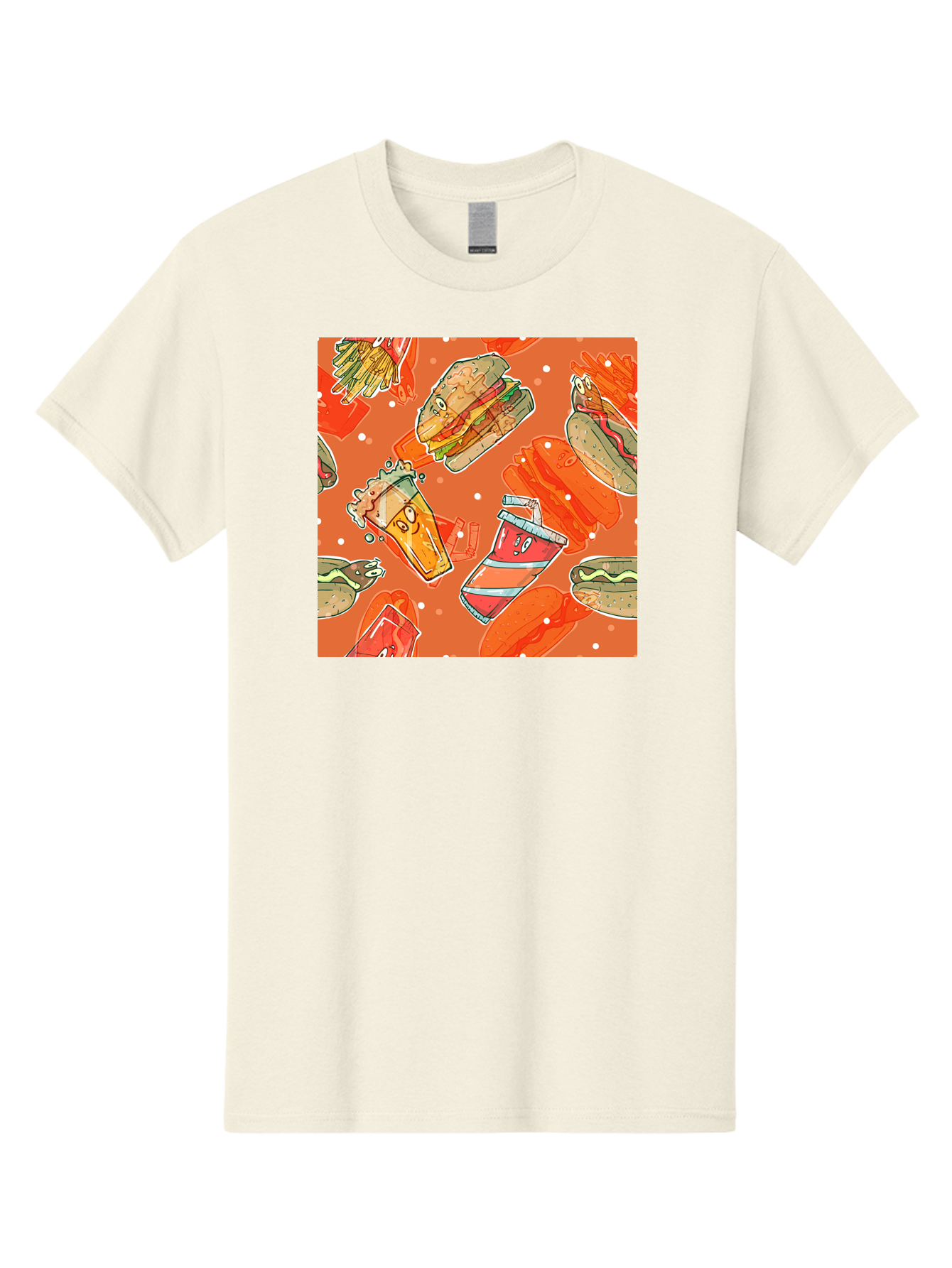 Fast-Food Men'S Graphic Tee, 100% Cotton, Comfortable Casual Summer Wear, Machine Washable, Fast Food, Burgers, Sandwiches, Hot Dogs, Fries, Sweet Tea, Soda, Cartoon Food, Playful Pattern, Appetizing Illustrations, Foodie Culture, Junk Food Aac389