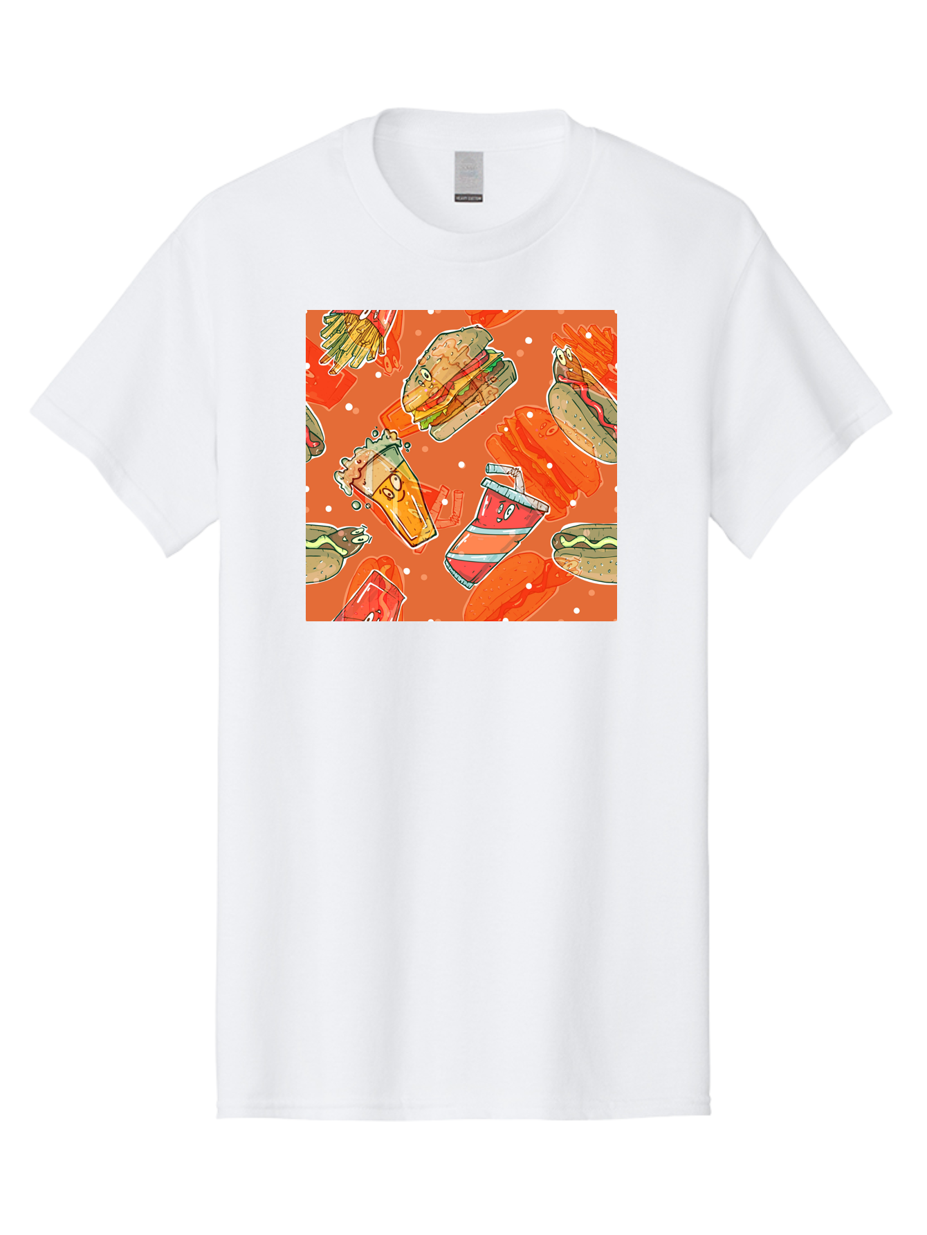 Fast-Food Men'S Graphic Tee, 100% Cotton, Comfortable Casual Summer Wear, Machine Washable, Fast Food, Burgers, Sandwiches, Hot Dogs, Fries, Sweet Tea, Soda, Cartoon Food, Playful Pattern, Appetizing Illustrations, Foodie Culture, Junk Food Aac389