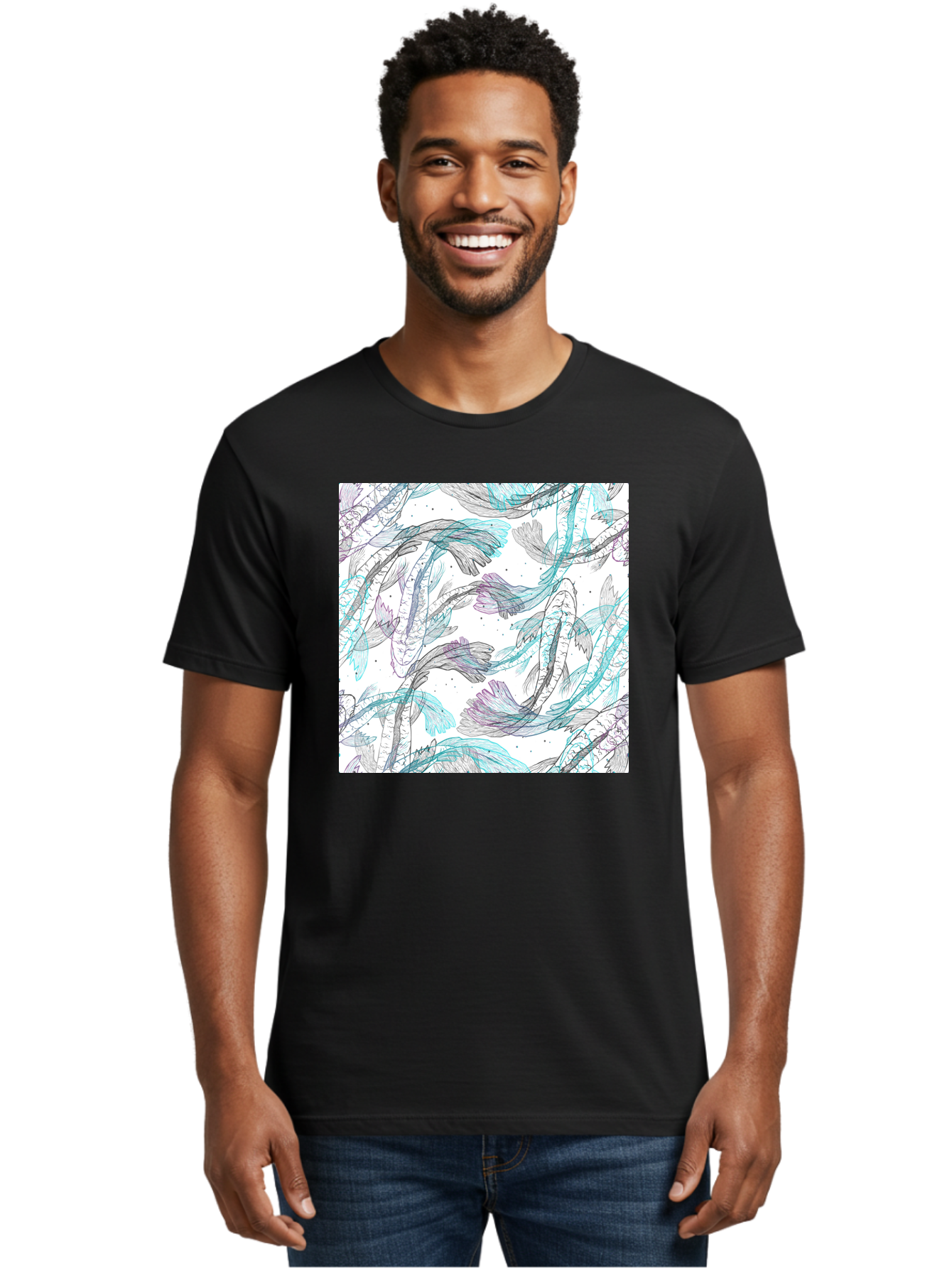 Fish-Pattern Men'S Graphic Tee, 100% Cotton, Comfortable Casual Summer Wear, Machine Washable, Koi Fish Pattern, Watercolor Illustration, Abstract Design, Pastel Colors, Whimsical Art, Fish Swimming, Decorative Motif, Artistic Expression, Aac390