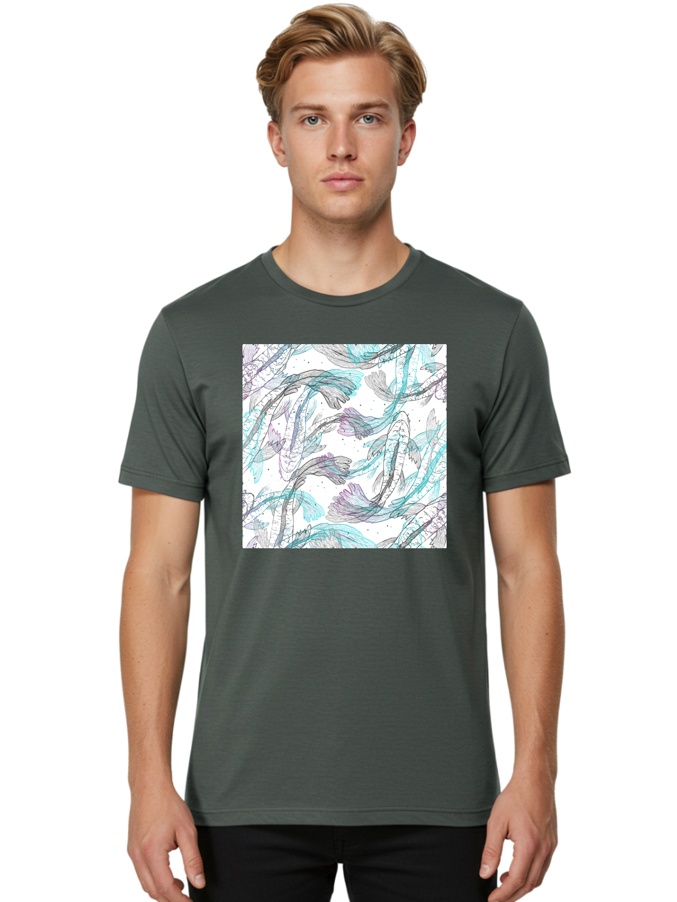 Fish-Pattern Men'S Graphic Tee, 100% Cotton, Comfortable Casual Summer Wear, Machine Washable, Koi Fish Pattern, Watercolor Illustration, Abstract Design, Pastel Colors, Whimsical Art, Fish Swimming, Decorative Motif, Artistic Expression, Aac390