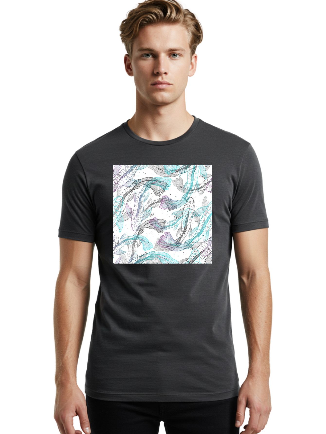 Fish-Pattern Men'S Graphic Tee, 100% Cotton, Comfortable Casual Summer Wear, Machine Washable, Koi Fish Pattern, Watercolor Illustration, Abstract Design, Pastel Colors, Whimsical Art, Fish Swimming, Decorative Motif, Artistic Expression, Aac390