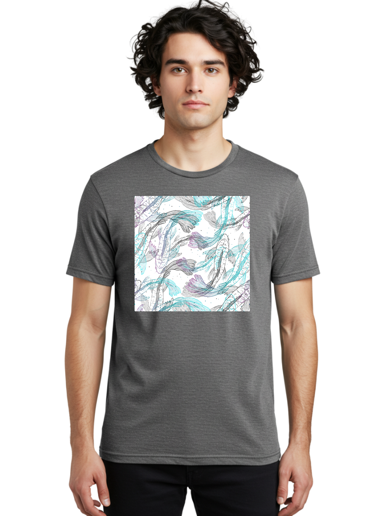 Fish-Pattern Men'S Graphic Tee, 100% Cotton, Comfortable Casual Summer Wear, Machine Washable, Koi Fish Pattern, Watercolor Illustration, Abstract Design, Pastel Colors, Whimsical Art, Fish Swimming, Decorative Motif, Artistic Expression, Aac390