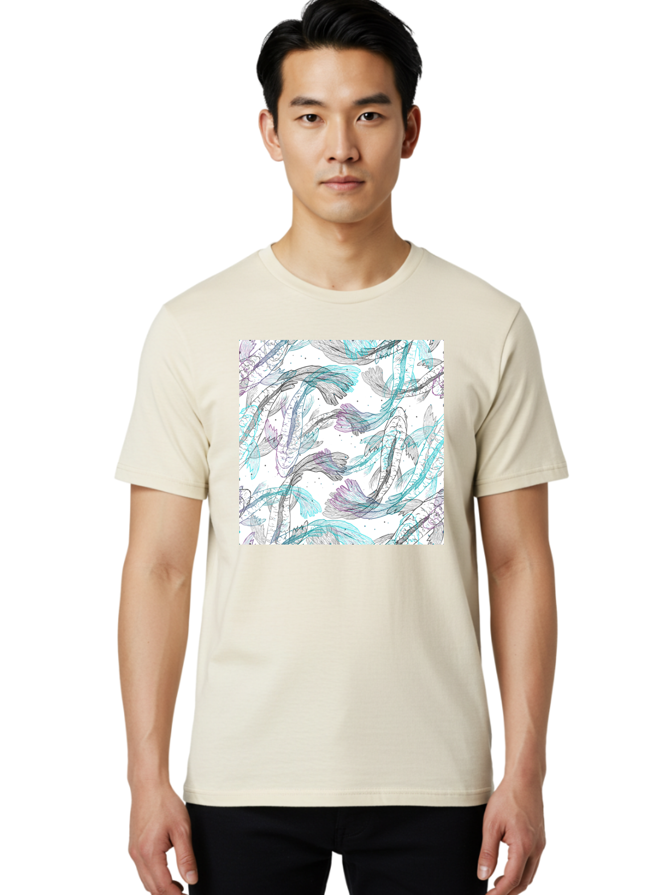 Fish-Pattern Men'S Graphic Tee, 100% Cotton, Comfortable Casual Summer Wear, Machine Washable, Koi Fish Pattern, Watercolor Illustration, Abstract Design, Pastel Colors, Whimsical Art, Fish Swimming, Decorative Motif, Artistic Expression, Aac390
