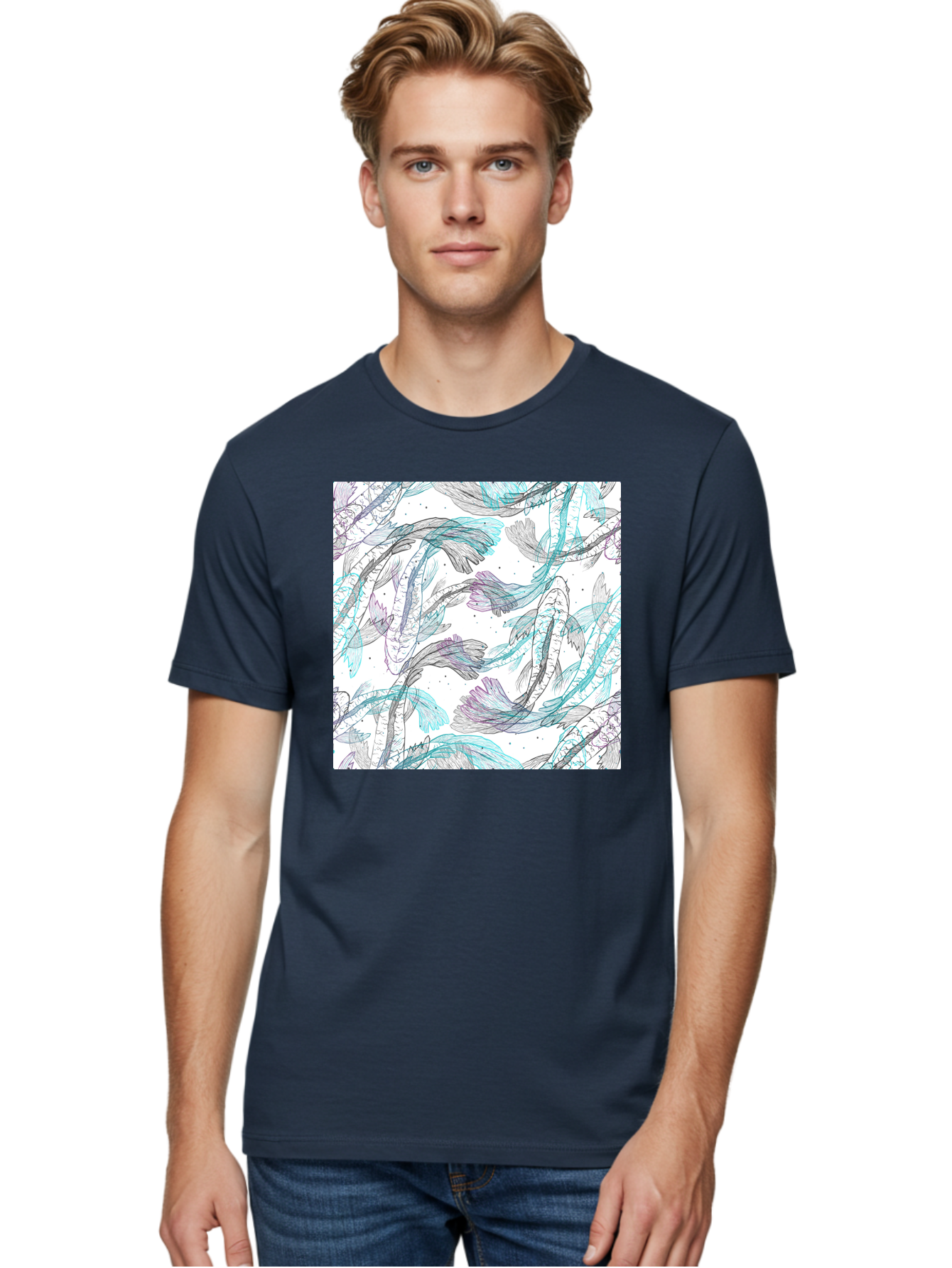 Fish-Pattern Men'S Graphic Tee, 100% Cotton, Comfortable Casual Summer Wear, Machine Washable, Koi Fish Pattern, Watercolor Illustration, Abstract Design, Pastel Colors, Whimsical Art, Fish Swimming, Decorative Motif, Artistic Expression, Aac390