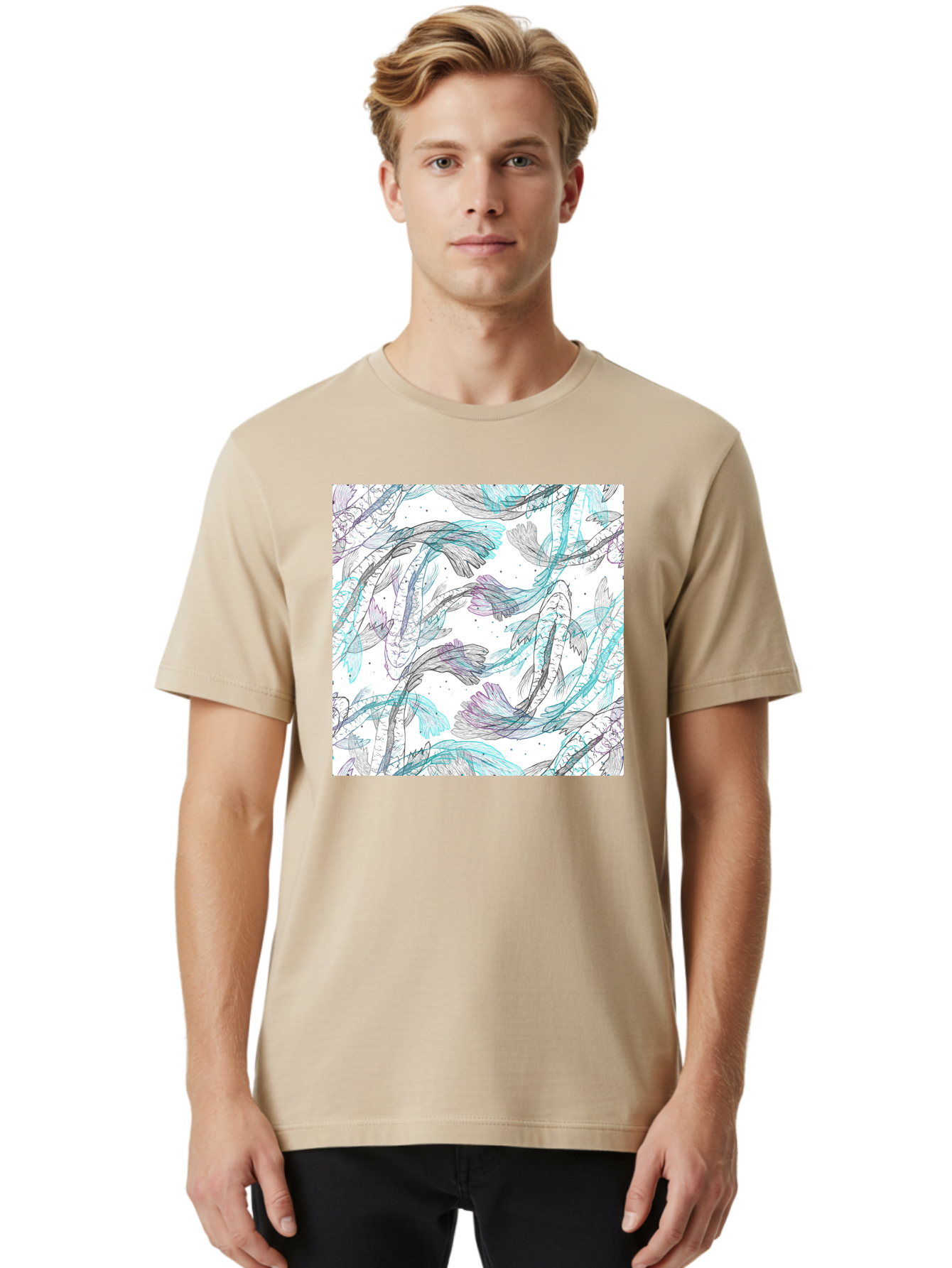 Fish-Pattern Men'S Graphic Tee, 100% Cotton, Comfortable Casual Summer Wear, Machine Washable, Koi Fish Pattern, Watercolor Illustration, Abstract Design, Pastel Colors, Whimsical Art, Fish Swimming, Decorative Motif, Artistic Expression, Aac390