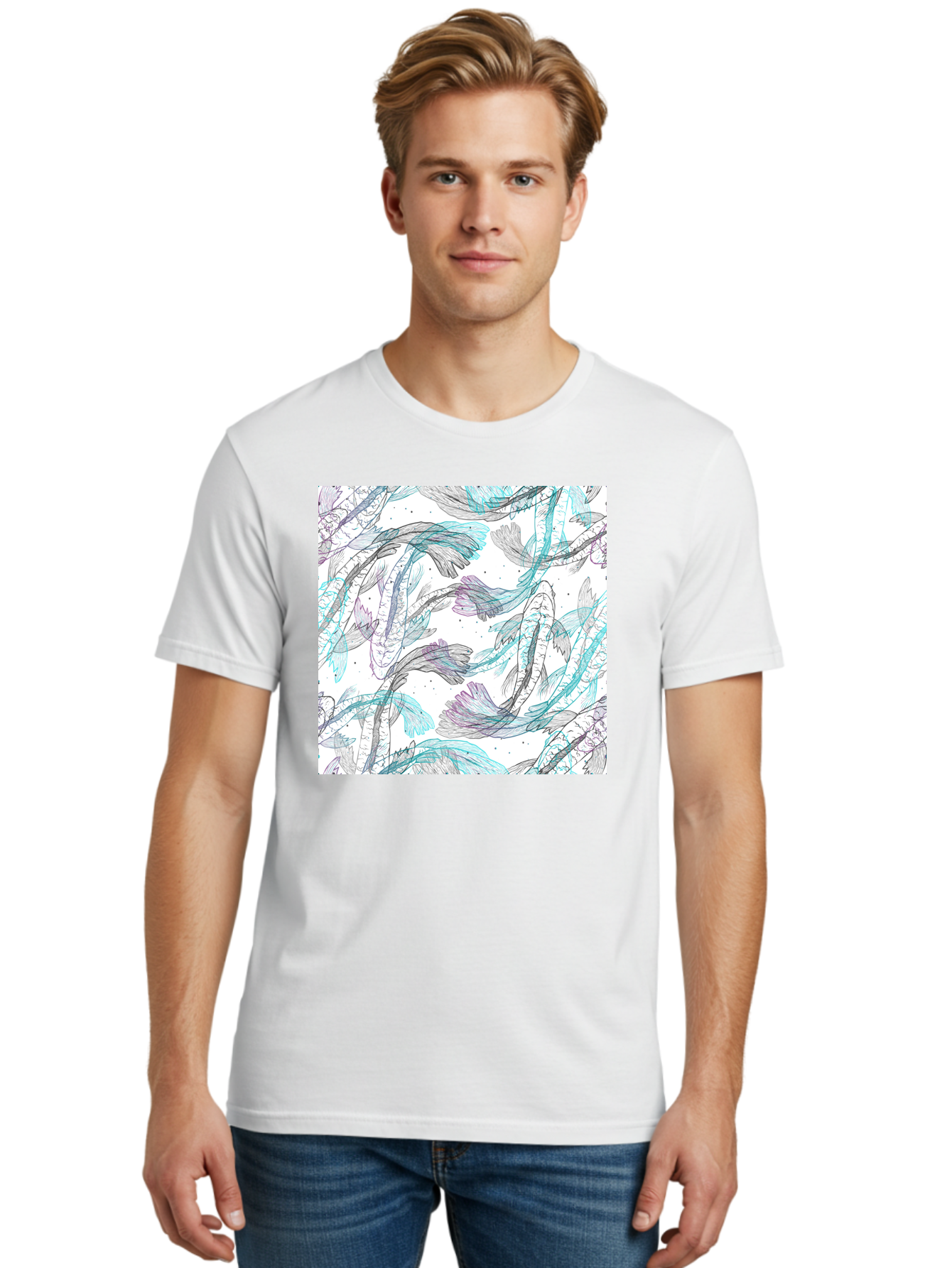 Fish-Pattern Men'S Graphic Tee, 100% Cotton, Comfortable Casual Summer Wear, Machine Washable, Koi Fish Pattern, Watercolor Illustration, Abstract Design, Pastel Colors, Whimsical Art, Fish Swimming, Decorative Motif, Artistic Expression, Aac390