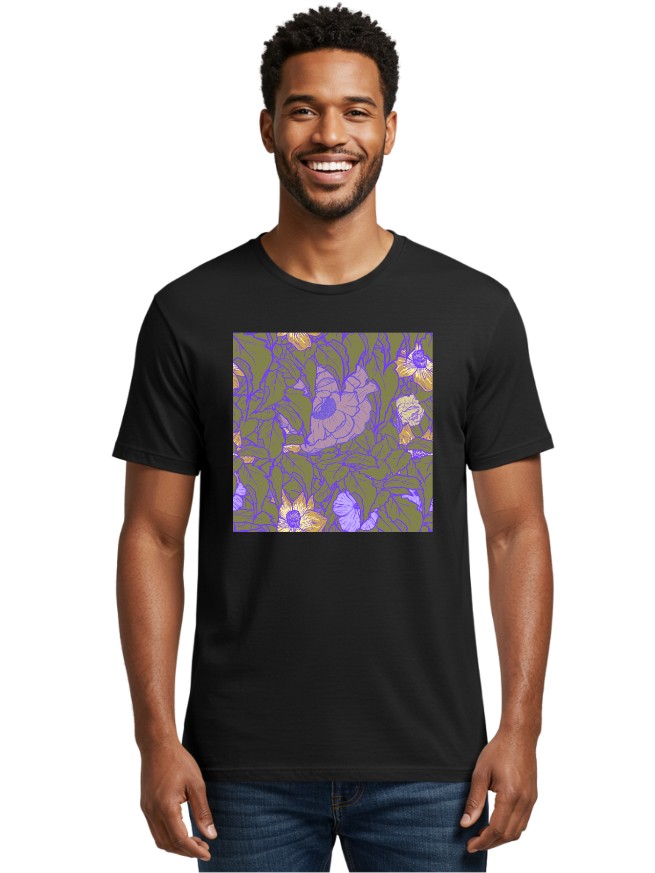 Floral-Pattern-1 Men'S Graphic Tee, 100% Cotton, Comfortable Casual Summer Wear, Machine Washable, Floral Pattern Design, Flower Arrangement, Pastel Colors, Yellow Flowers, Purple Outlines, Green Leaves, Artistic Illustration, Whimsical Decor, Aac391
