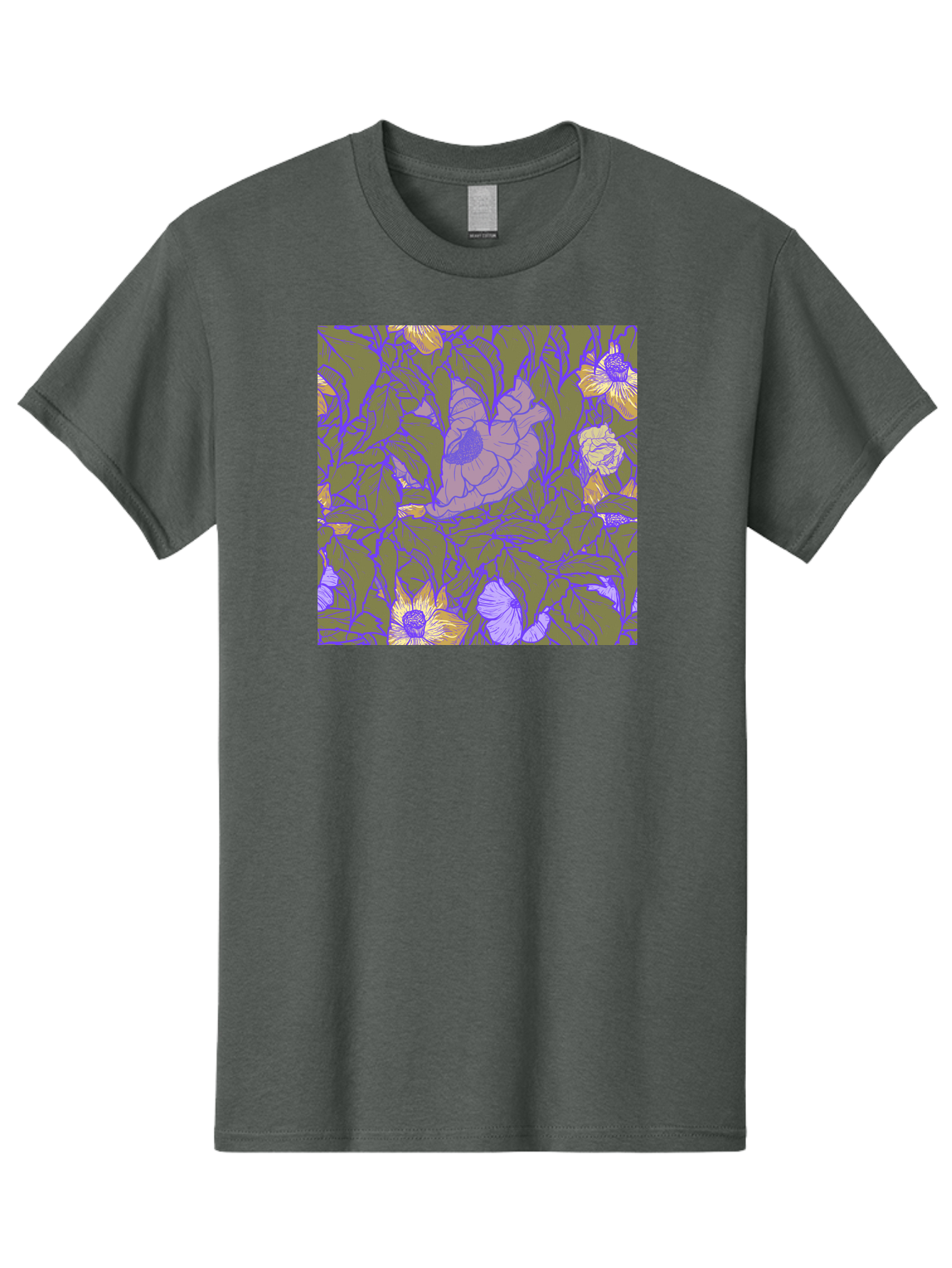 Floral-Pattern-1 Men'S Graphic Tee, 100% Cotton, Comfortable Casual Summer Wear, Machine Washable, Floral Pattern Design, Flower Arrangement, Pastel Colors, Yellow Flowers, Purple Outlines, Green Leaves, Artistic Illustration, Whimsical Decor, Aac391