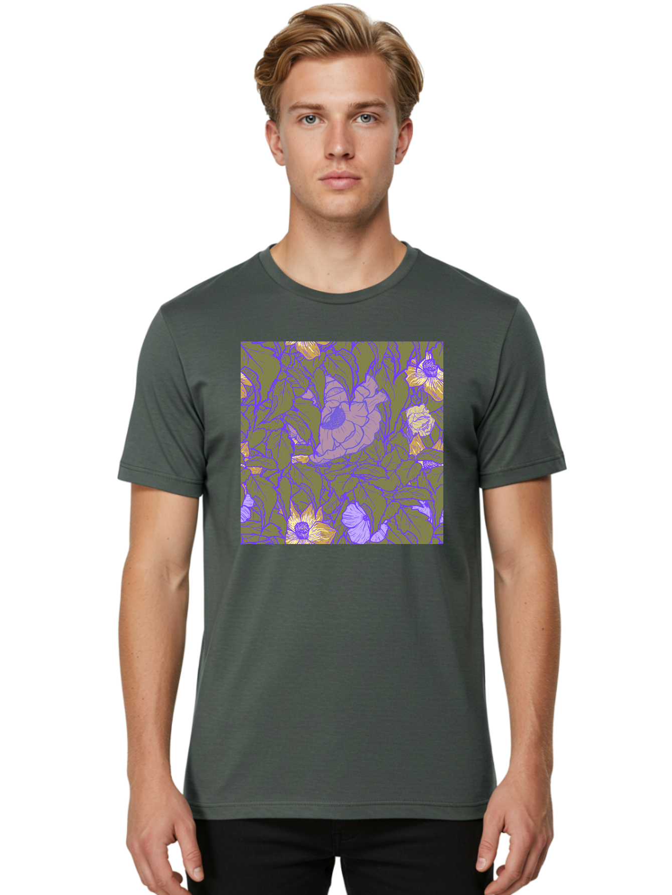 Floral-Pattern-1 Men'S Graphic Tee, 100% Cotton, Comfortable Casual Summer Wear, Machine Washable, Floral Pattern Design, Flower Arrangement, Pastel Colors, Yellow Flowers, Purple Outlines, Green Leaves, Artistic Illustration, Whimsical Decor, Aac391
