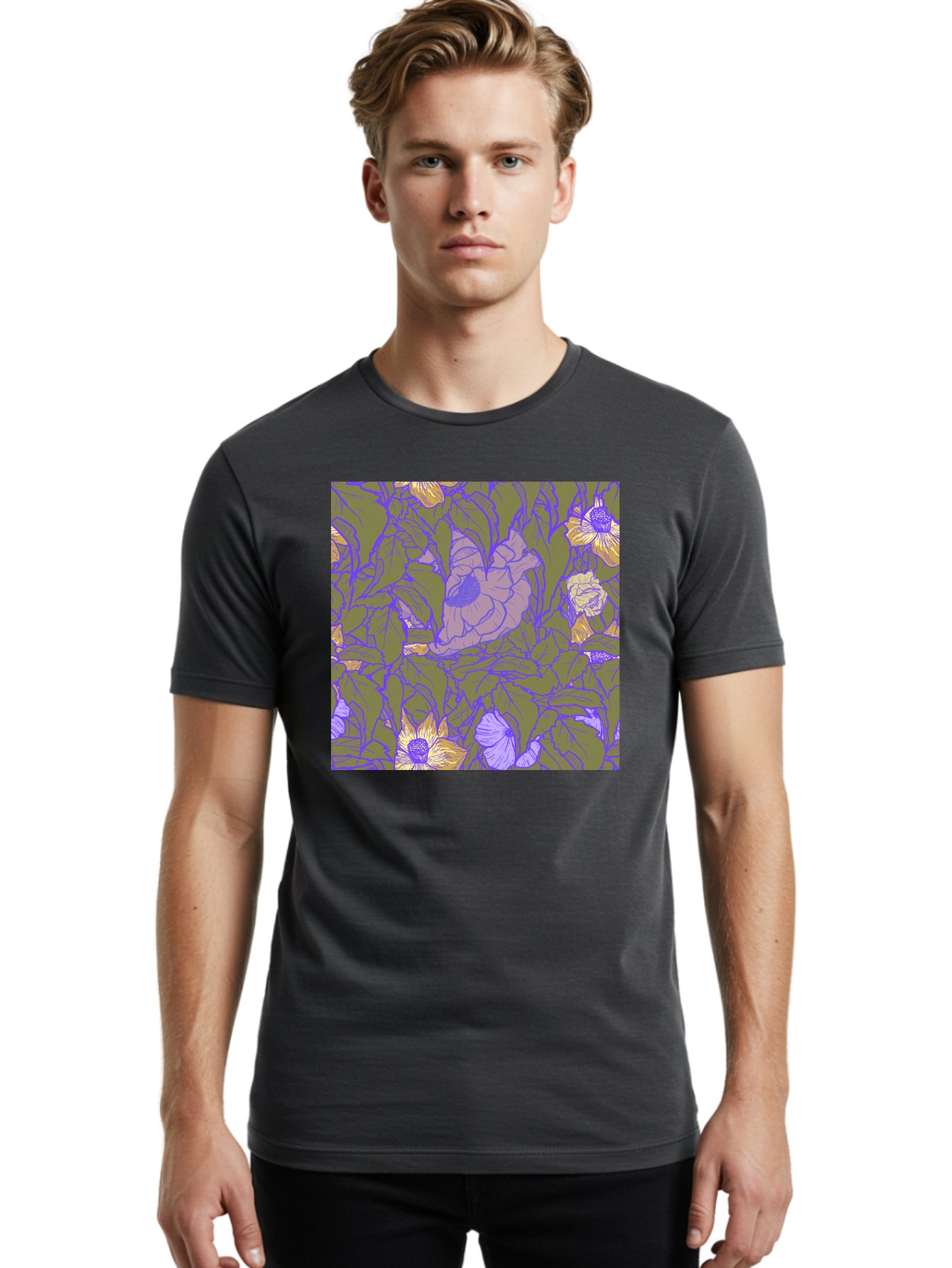 Floral-Pattern-1 Men'S Graphic Tee, 100% Cotton, Comfortable Casual Summer Wear, Machine Washable, Floral Pattern Design, Flower Arrangement, Pastel Colors, Yellow Flowers, Purple Outlines, Green Leaves, Artistic Illustration, Whimsical Decor, Aac391