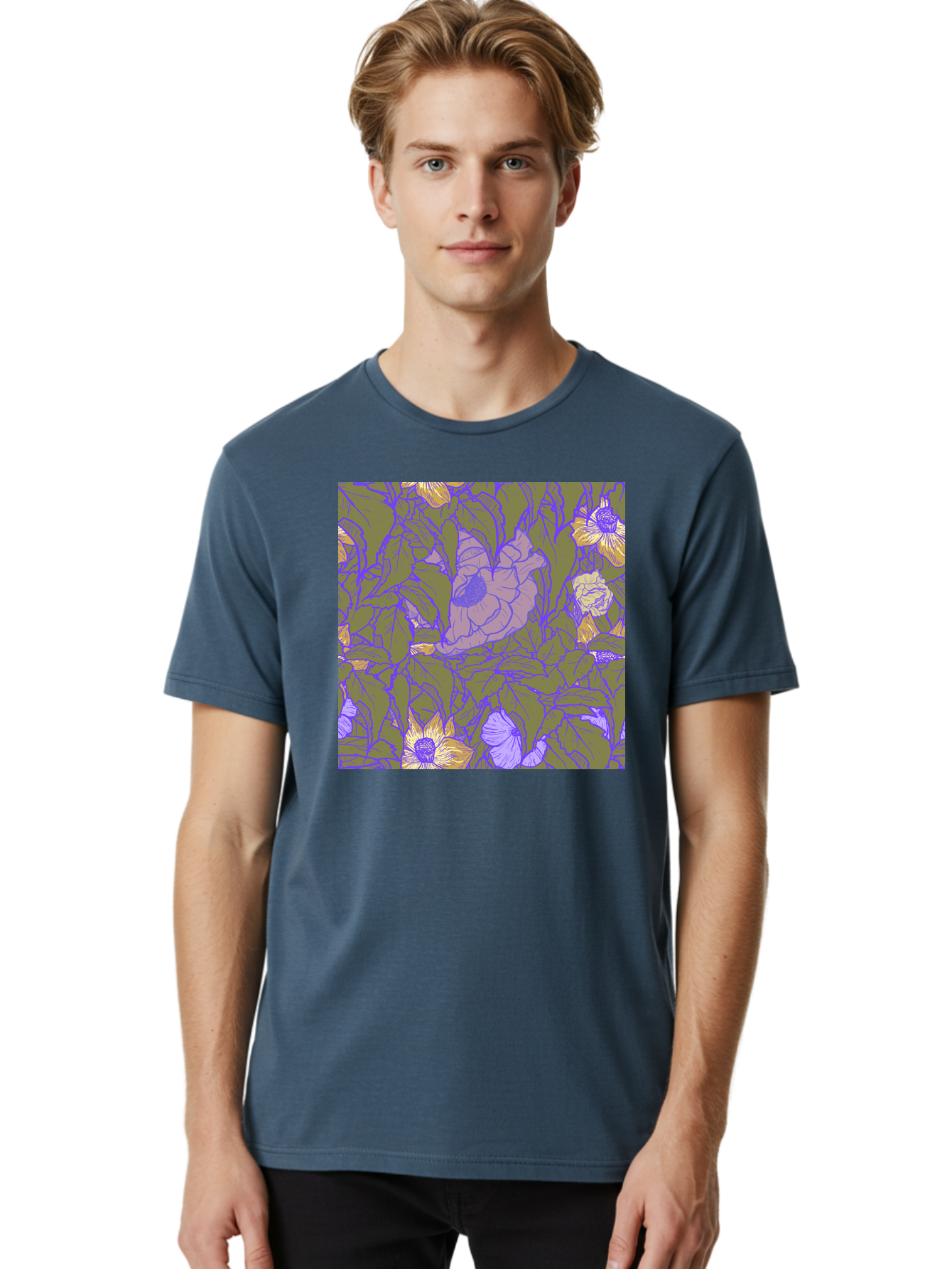 Floral-Pattern-1 Men'S Graphic Tee, 100% Cotton, Comfortable Casual Summer Wear, Machine Washable, Floral Pattern Design, Flower Arrangement, Pastel Colors, Yellow Flowers, Purple Outlines, Green Leaves, Artistic Illustration, Whimsical Decor, Aac391