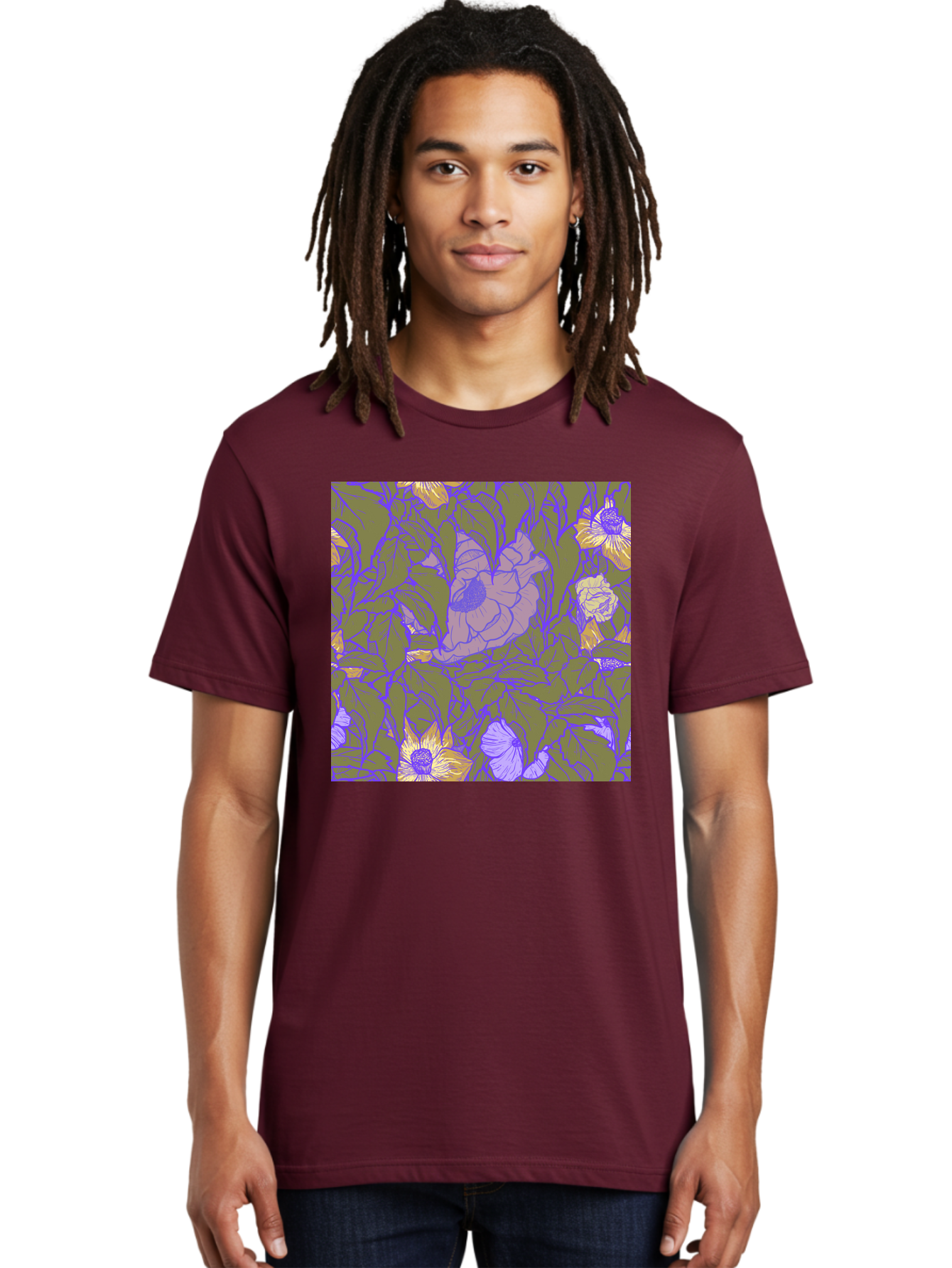 Floral-Pattern-1 Men'S Graphic Tee, 100% Cotton, Comfortable Casual Summer Wear, Machine Washable, Floral Pattern Design, Flower Arrangement, Pastel Colors, Yellow Flowers, Purple Outlines, Green Leaves, Artistic Illustration, Whimsical Decor, Aac391