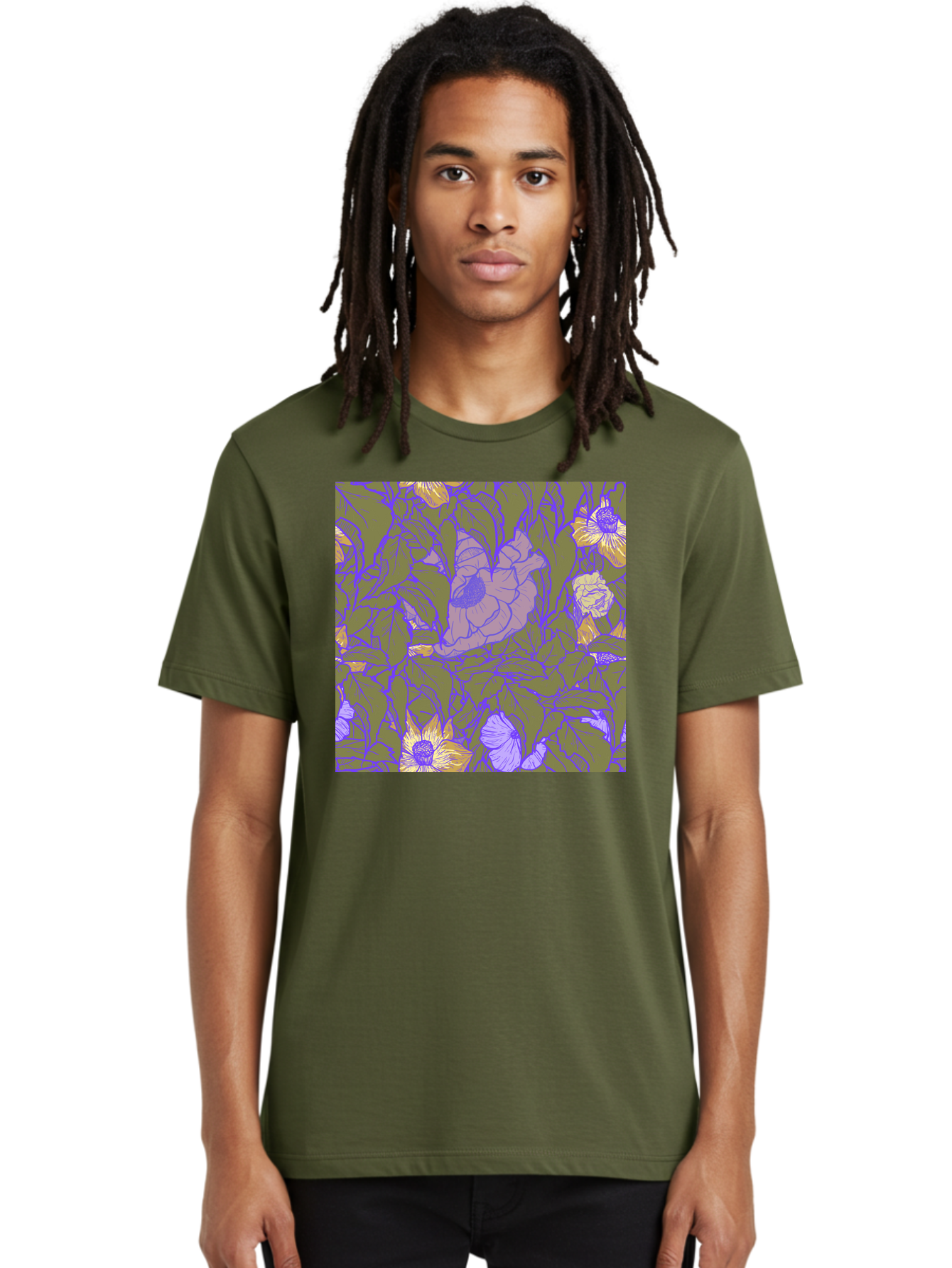 Floral-Pattern-1 Men'S Graphic Tee, 100% Cotton, Comfortable Casual Summer Wear, Machine Washable, Floral Pattern Design, Flower Arrangement, Pastel Colors, Yellow Flowers, Purple Outlines, Green Leaves, Artistic Illustration, Whimsical Decor, Aac391