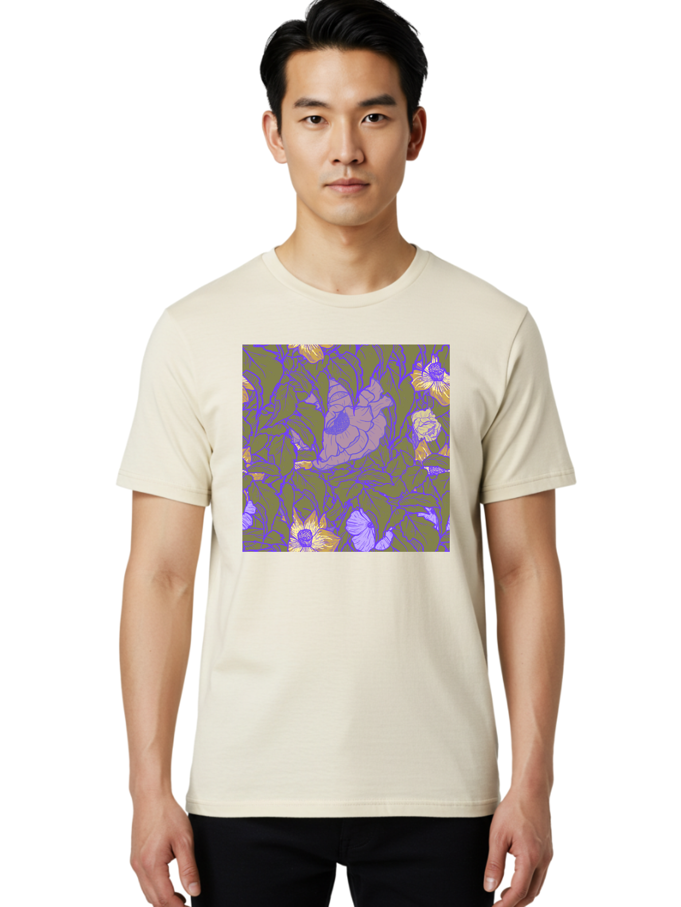 Floral-Pattern-1 Men'S Graphic Tee, 100% Cotton, Comfortable Casual Summer Wear, Machine Washable, Floral Pattern Design, Flower Arrangement, Pastel Colors, Yellow Flowers, Purple Outlines, Green Leaves, Artistic Illustration, Whimsical Decor, Aac391