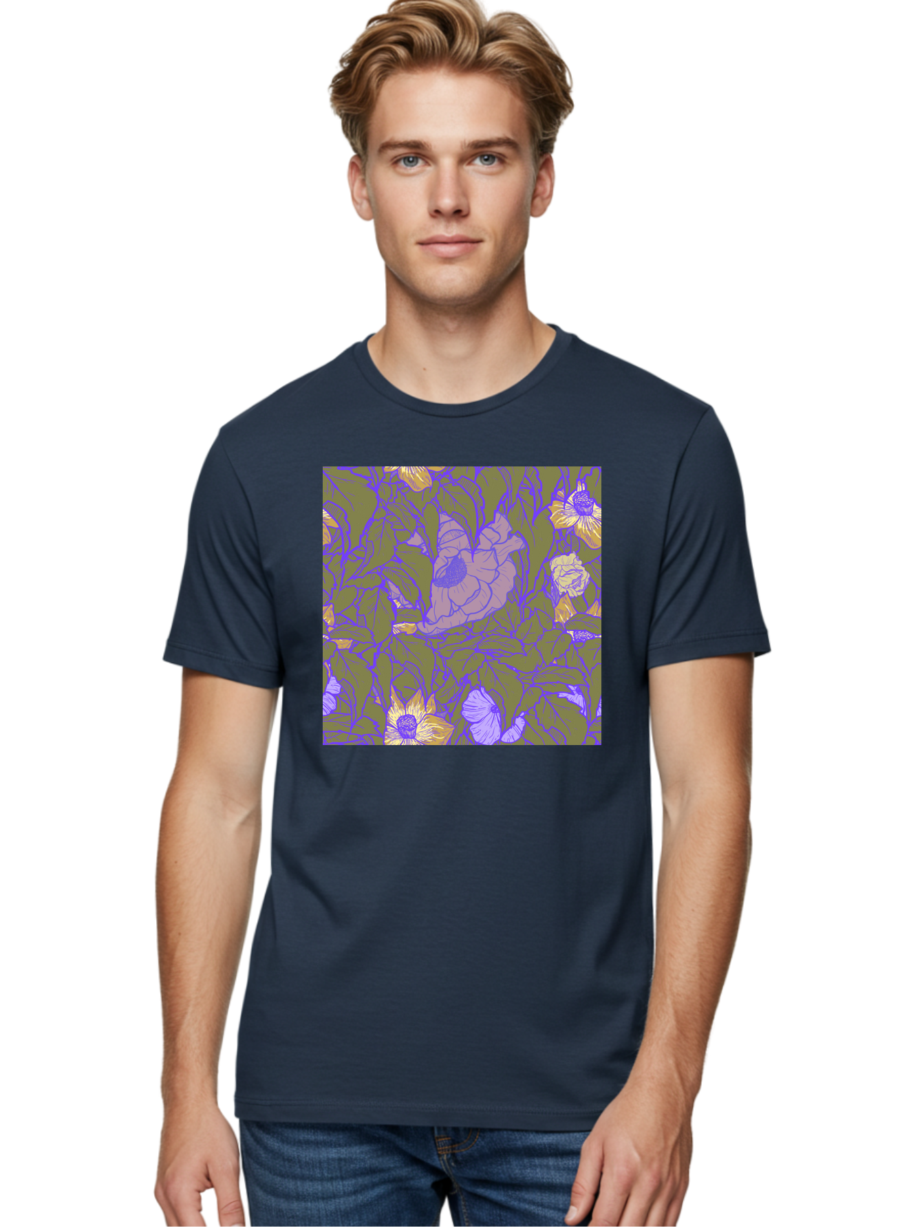 Floral-Pattern-1 Men'S Graphic Tee, 100% Cotton, Comfortable Casual Summer Wear, Machine Washable, Floral Pattern Design, Flower Arrangement, Pastel Colors, Yellow Flowers, Purple Outlines, Green Leaves, Artistic Illustration, Whimsical Decor, Aac391