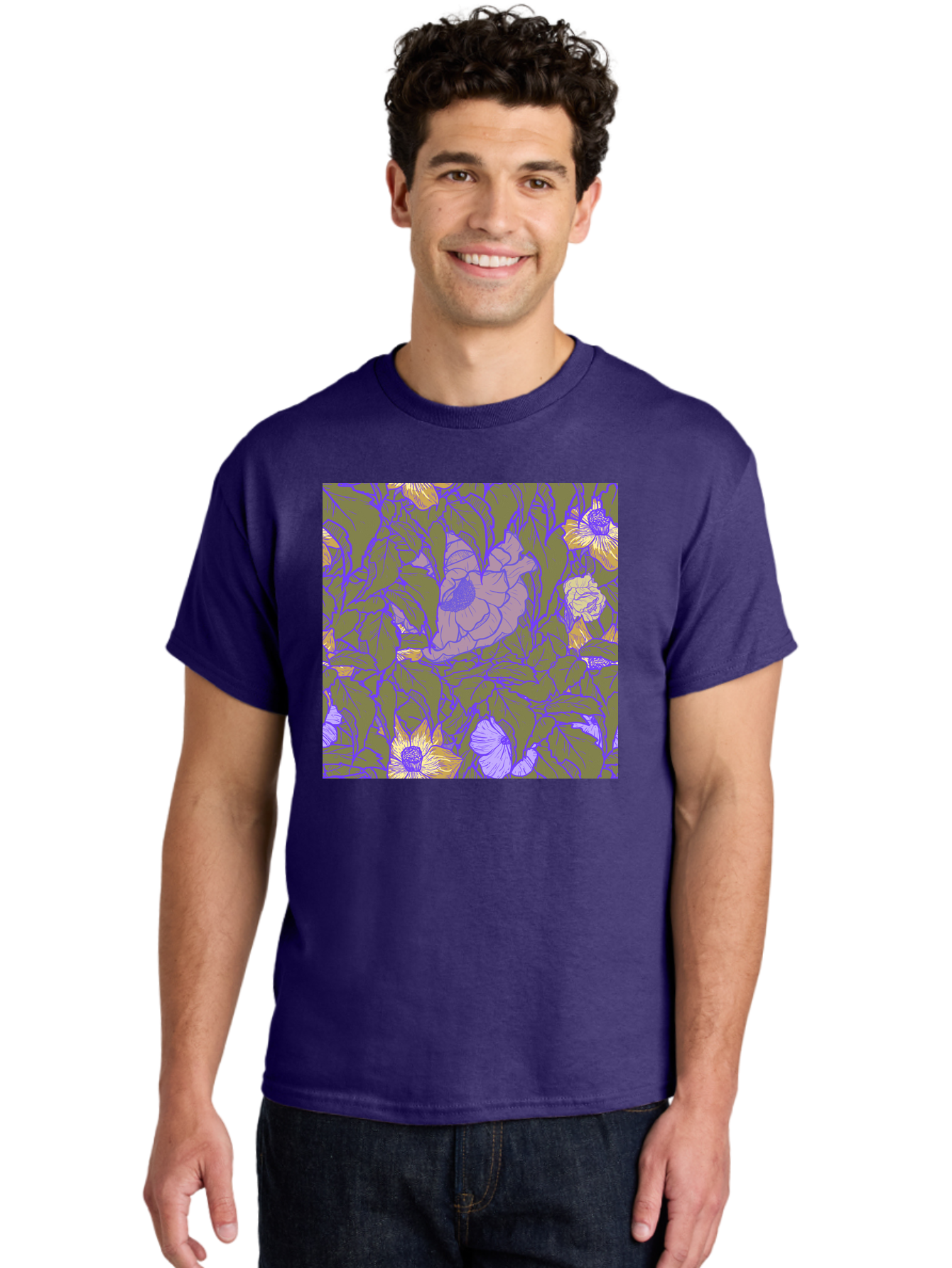 Floral-Pattern-1 Men'S Graphic Tee, 100% Cotton, Comfortable Casual Summer Wear, Machine Washable, Floral Pattern Design, Flower Arrangement, Pastel Colors, Yellow Flowers, Purple Outlines, Green Leaves, Artistic Illustration, Whimsical Decor, Aac391