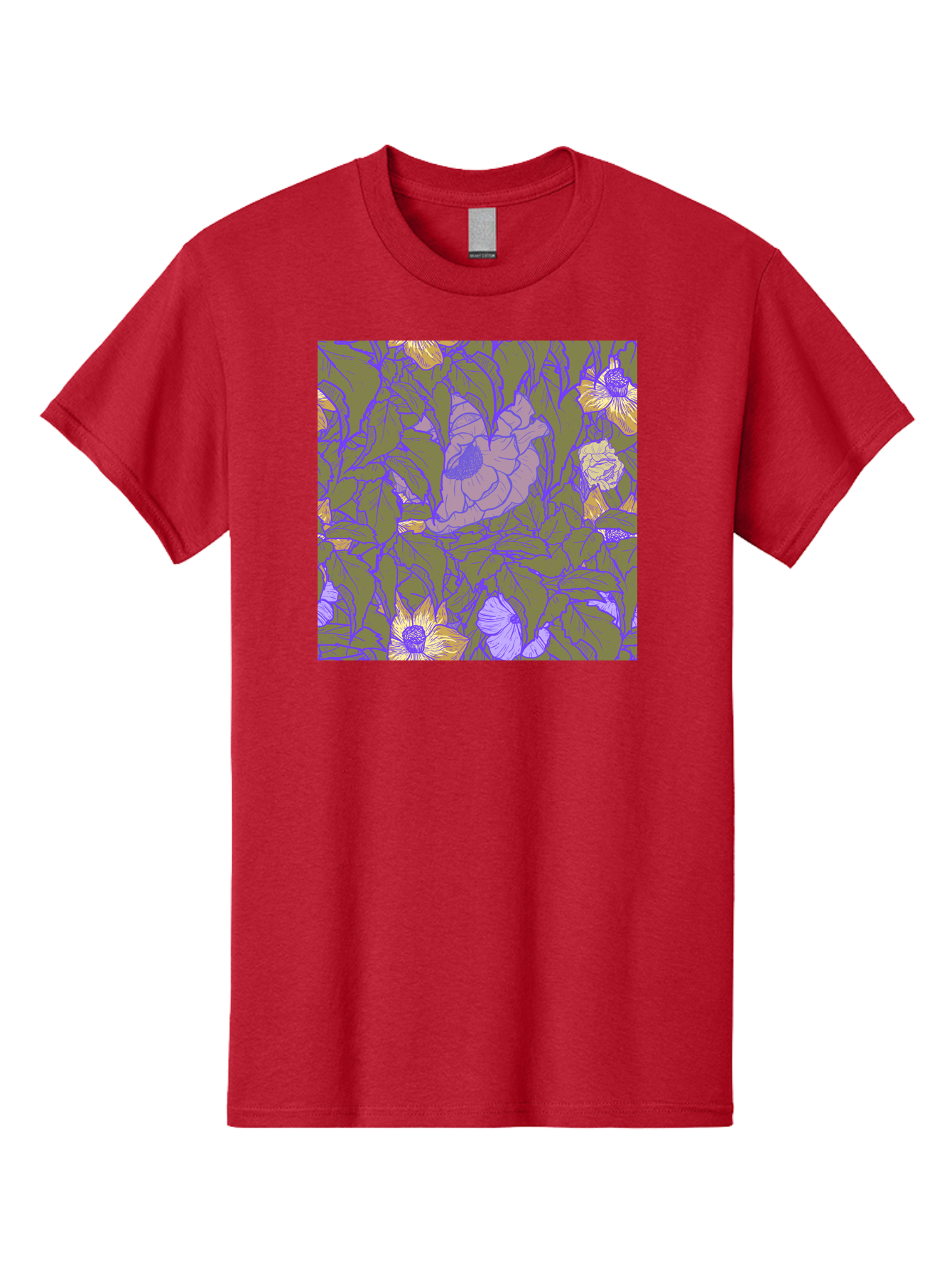 Floral-Pattern-1 Men'S Graphic Tee, 100% Cotton, Comfortable Casual Summer Wear, Machine Washable, Floral Pattern Design, Flower Arrangement, Pastel Colors, Yellow Flowers, Purple Outlines, Green Leaves, Artistic Illustration, Whimsical Decor, Aac391