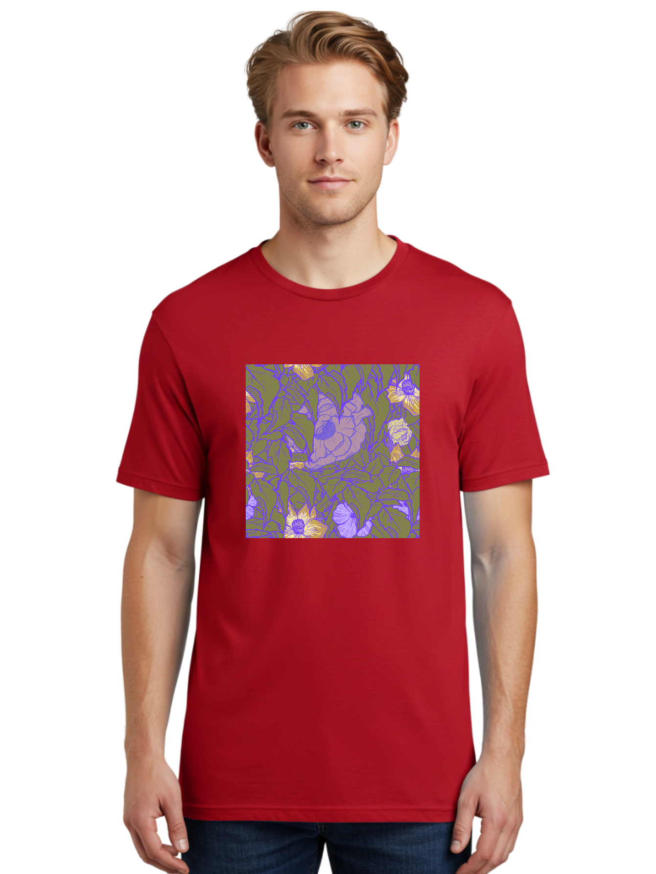 Floral-Pattern-1 Men'S Graphic Tee, 100% Cotton, Comfortable Casual Summer Wear, Machine Washable, Floral Pattern Design, Flower Arrangement, Pastel Colors, Yellow Flowers, Purple Outlines, Green Leaves, Artistic Illustration, Whimsical Decor, Aac391
