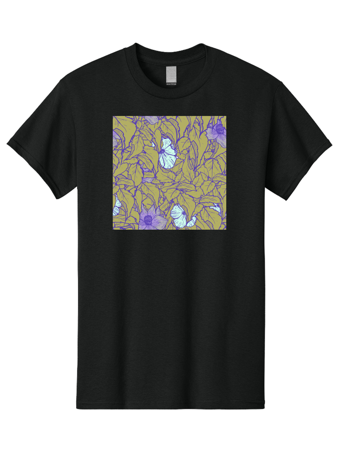 Floral-Pattern Men'S Graphic Tee, 100% Cotton, Comfortable Casual Summer Wear, Machine Washable, Floral Pattern, Purple Flowers, White Flowers, Yellow Leaves, Purple Outlines, Intricate Design, Nature-Inspired, Botanical Art, Aac392