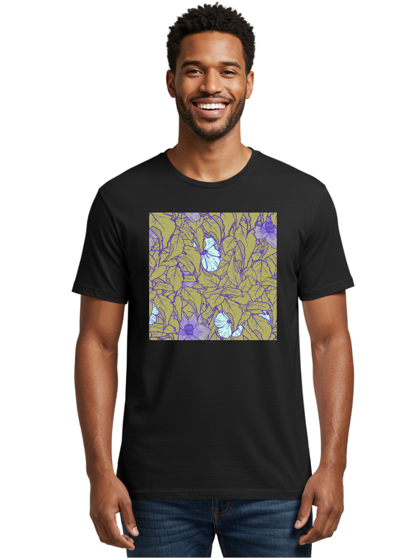 Floral-Pattern Men'S Graphic Tee, 100% Cotton, Comfortable Casual Summer Wear, Machine Washable, Floral Pattern, Purple Flowers, White Flowers, Yellow Leaves, Purple Outlines, Intricate Design, Nature-Inspired, Botanical Art, Aac392
