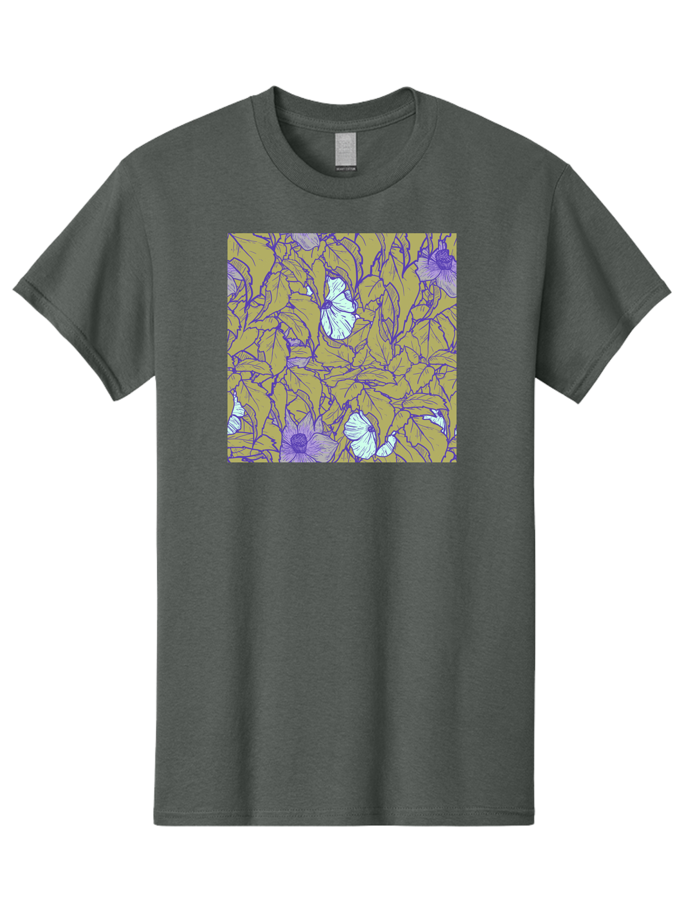 Floral-Pattern Men'S Graphic Tee, 100% Cotton, Comfortable Casual Summer Wear, Machine Washable, Floral Pattern, Purple Flowers, White Flowers, Yellow Leaves, Purple Outlines, Intricate Design, Nature-Inspired, Botanical Art, Aac392