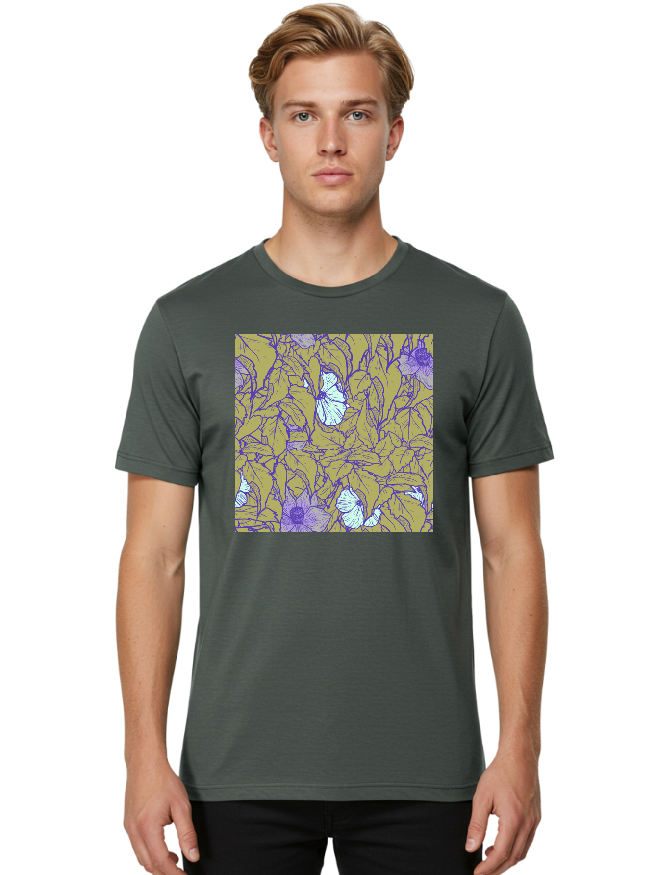 Floral-Pattern Men'S Graphic Tee, 100% Cotton, Comfortable Casual Summer Wear, Machine Washable, Floral Pattern, Purple Flowers, White Flowers, Yellow Leaves, Purple Outlines, Intricate Design, Nature-Inspired, Botanical Art, Aac392