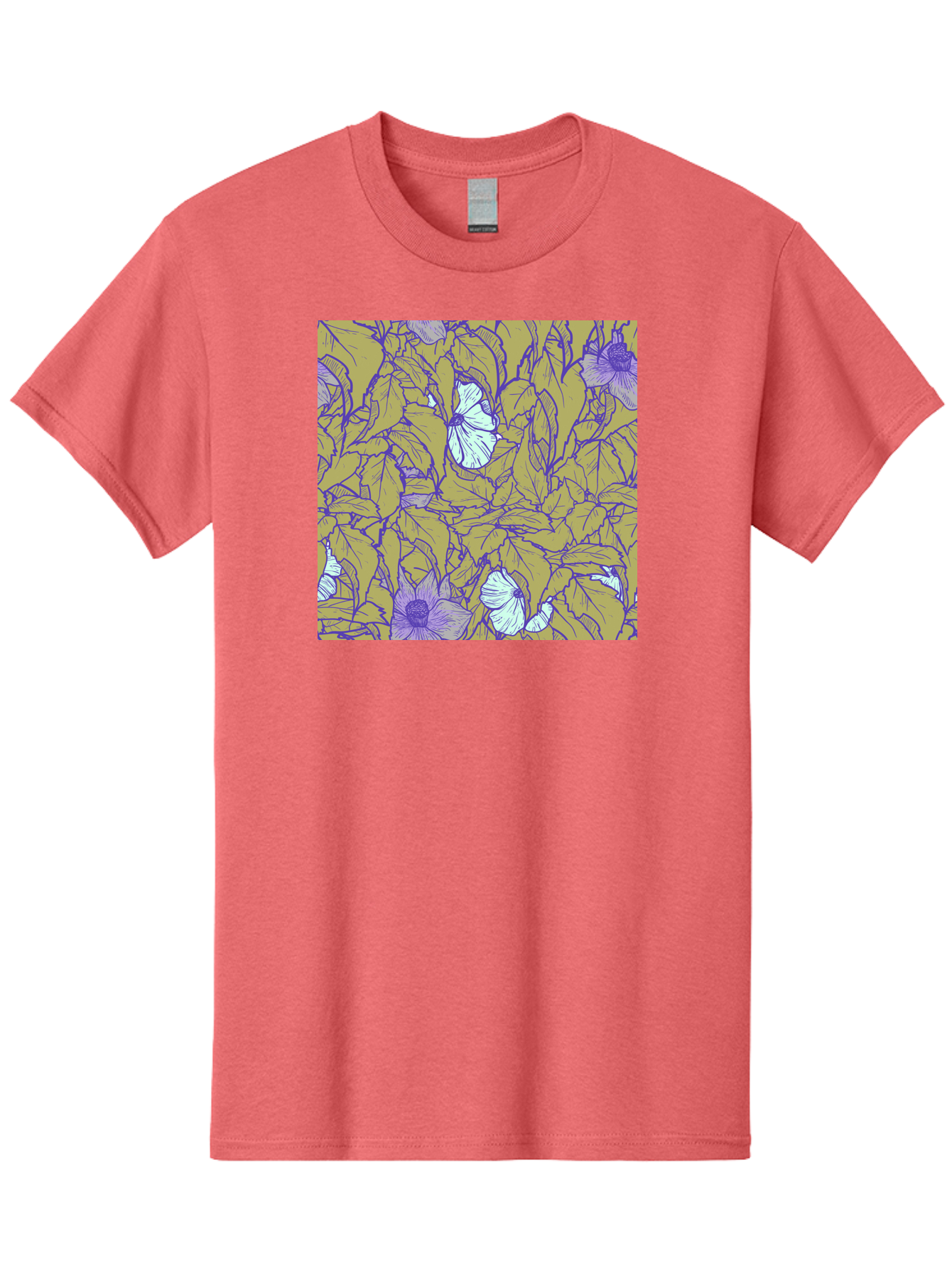 Floral-Pattern Men'S Graphic Tee, 100% Cotton, Comfortable Casual Summer Wear, Machine Washable, Floral Pattern, Purple Flowers, White Flowers, Yellow Leaves, Purple Outlines, Intricate Design, Nature-Inspired, Botanical Art, Aac392