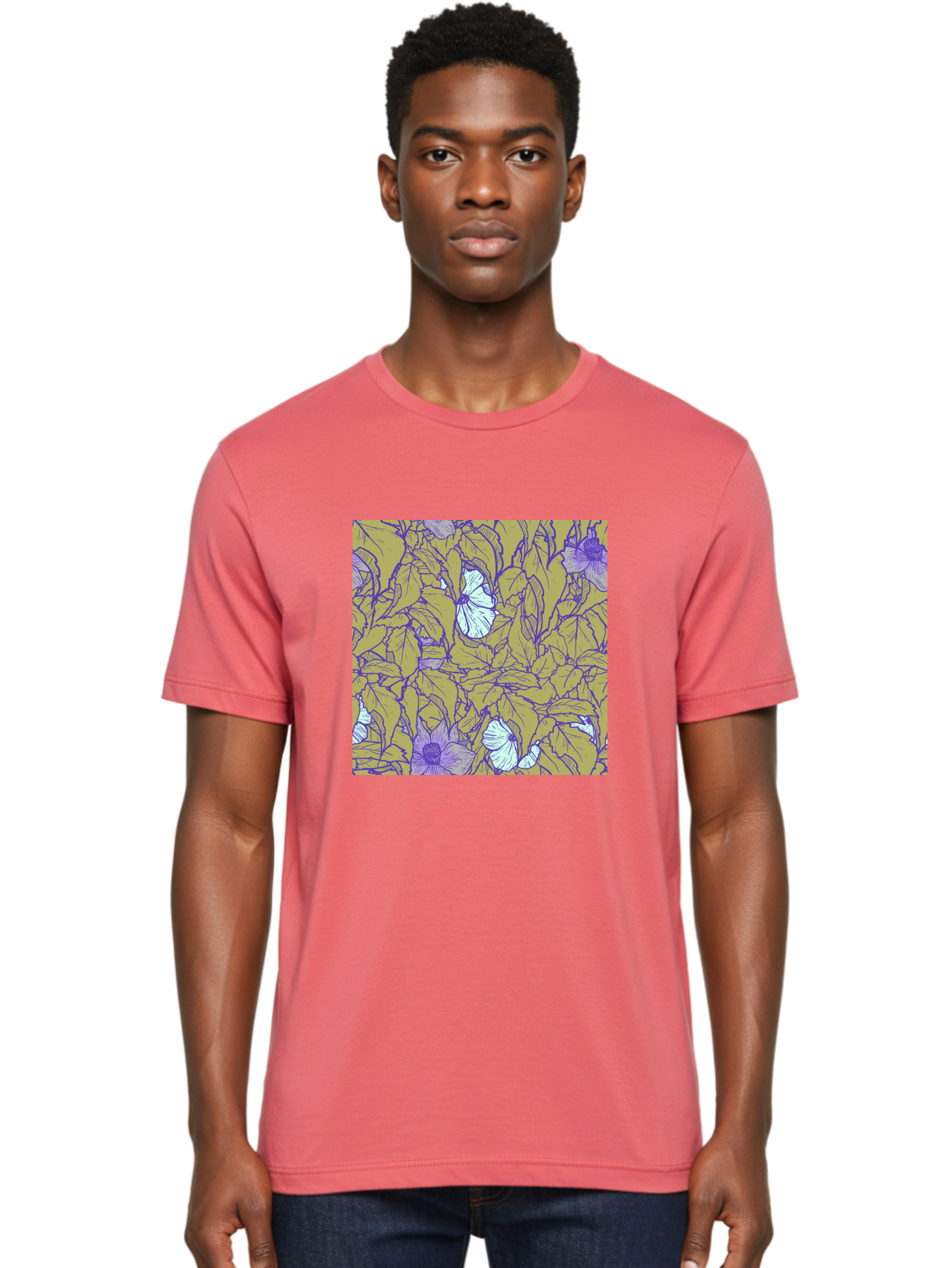Floral-Pattern Men'S Graphic Tee, 100% Cotton, Comfortable Casual Summer Wear, Machine Washable, Floral Pattern, Purple Flowers, White Flowers, Yellow Leaves, Purple Outlines, Intricate Design, Nature-Inspired, Botanical Art, Aac392