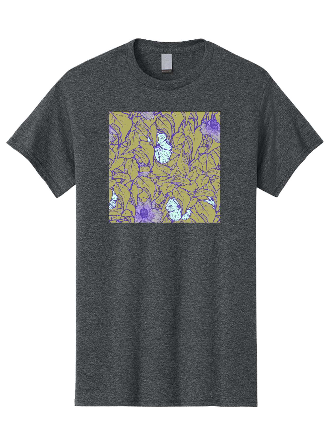 Floral-Pattern Men'S Graphic Tee, 100% Cotton, Comfortable Casual Summer Wear, Machine Washable, Floral Pattern, Purple Flowers, White Flowers, Yellow Leaves, Purple Outlines, Intricate Design, Nature-Inspired, Botanical Art, Aac392