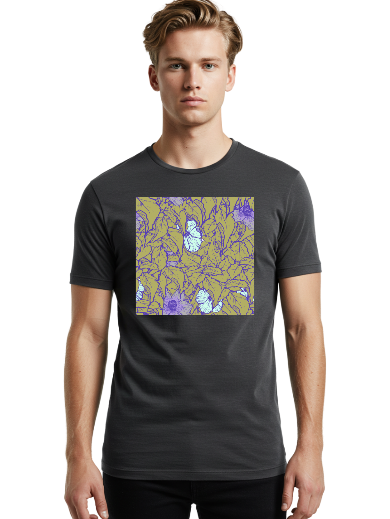 Floral-Pattern Men'S Graphic Tee, 100% Cotton, Comfortable Casual Summer Wear, Machine Washable, Floral Pattern, Purple Flowers, White Flowers, Yellow Leaves, Purple Outlines, Intricate Design, Nature-Inspired, Botanical Art, Aac392
