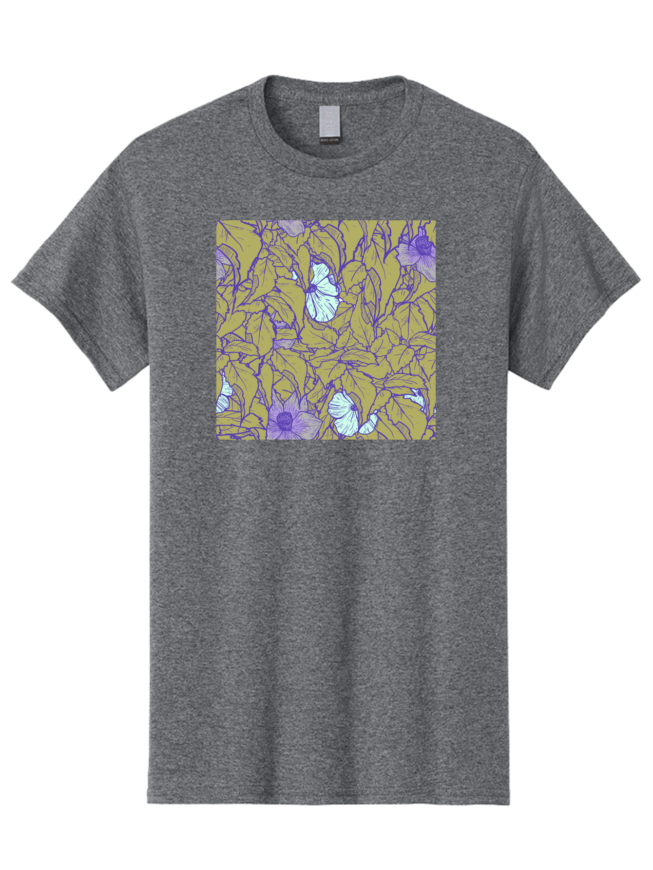 Floral-Pattern Men'S Graphic Tee, 100% Cotton, Comfortable Casual Summer Wear, Machine Washable, Floral Pattern, Purple Flowers, White Flowers, Yellow Leaves, Purple Outlines, Intricate Design, Nature-Inspired, Botanical Art, Aac392