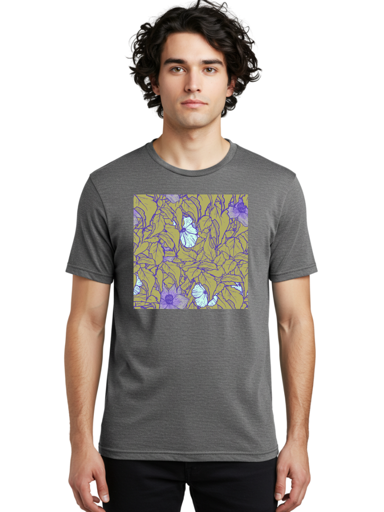 Floral-Pattern Men'S Graphic Tee, 100% Cotton, Comfortable Casual Summer Wear, Machine Washable, Floral Pattern, Purple Flowers, White Flowers, Yellow Leaves, Purple Outlines, Intricate Design, Nature-Inspired, Botanical Art, Aac392