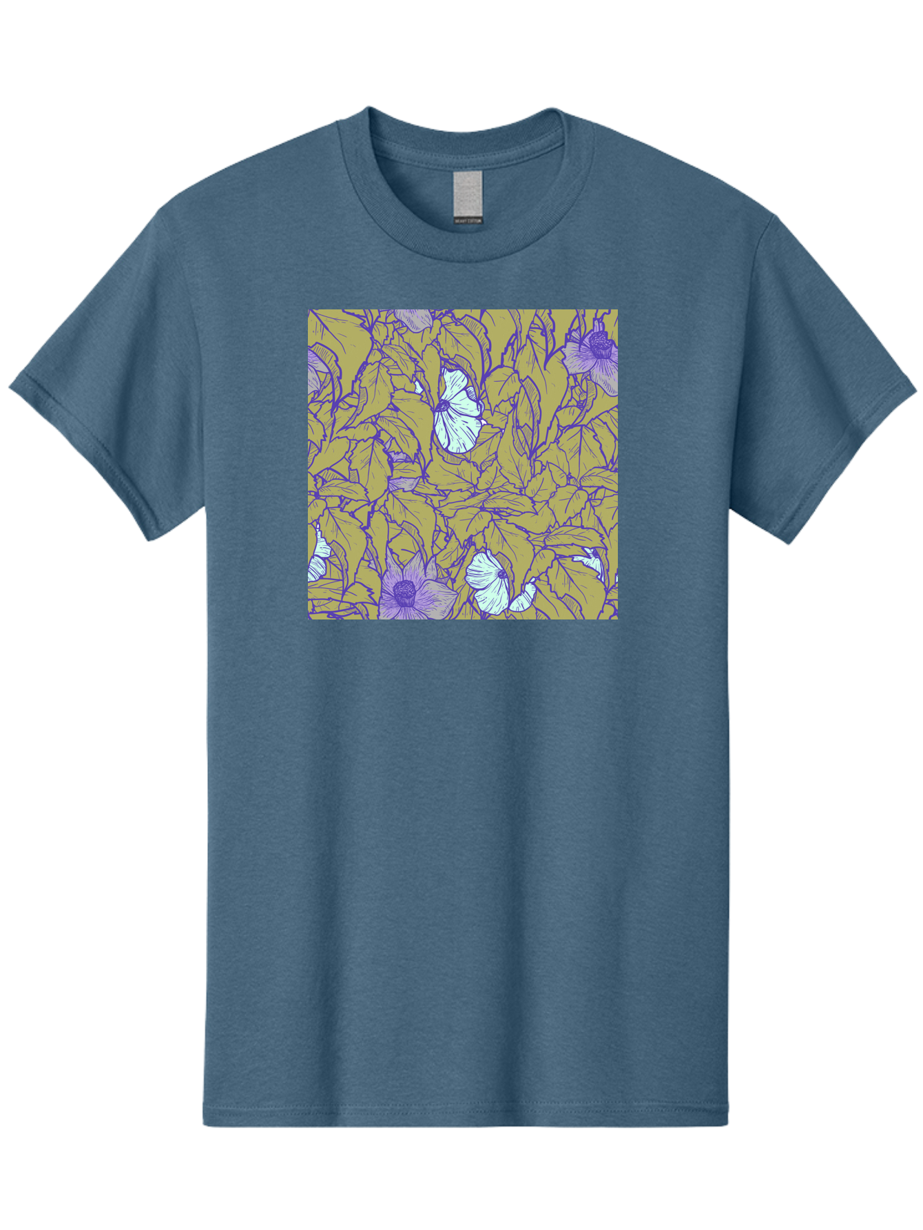 Floral-Pattern Men'S Graphic Tee, 100% Cotton, Comfortable Casual Summer Wear, Machine Washable, Floral Pattern, Purple Flowers, White Flowers, Yellow Leaves, Purple Outlines, Intricate Design, Nature-Inspired, Botanical Art, Aac392