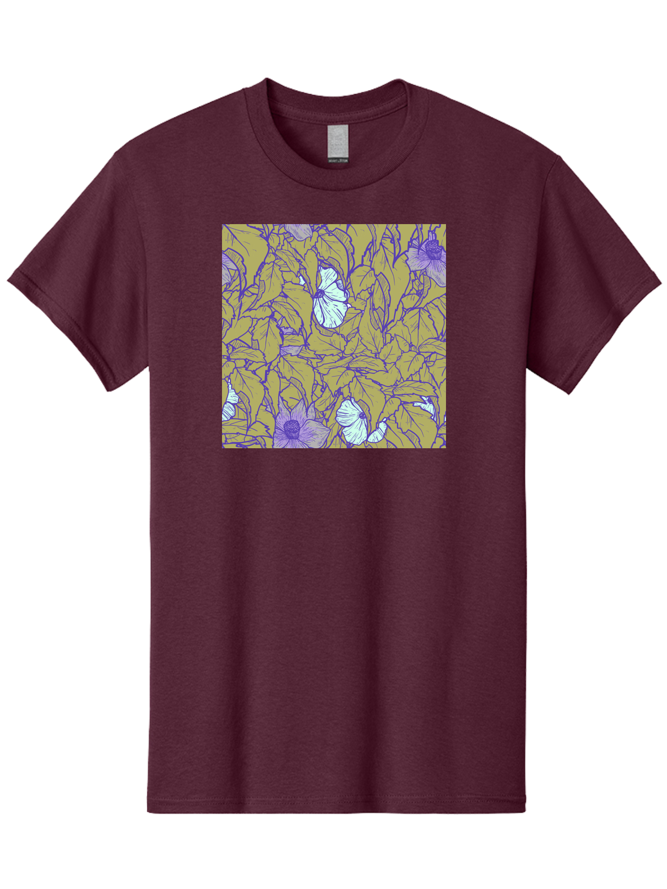 Floral-Pattern Men'S Graphic Tee, 100% Cotton, Comfortable Casual Summer Wear, Machine Washable, Floral Pattern, Purple Flowers, White Flowers, Yellow Leaves, Purple Outlines, Intricate Design, Nature-Inspired, Botanical Art, Aac392