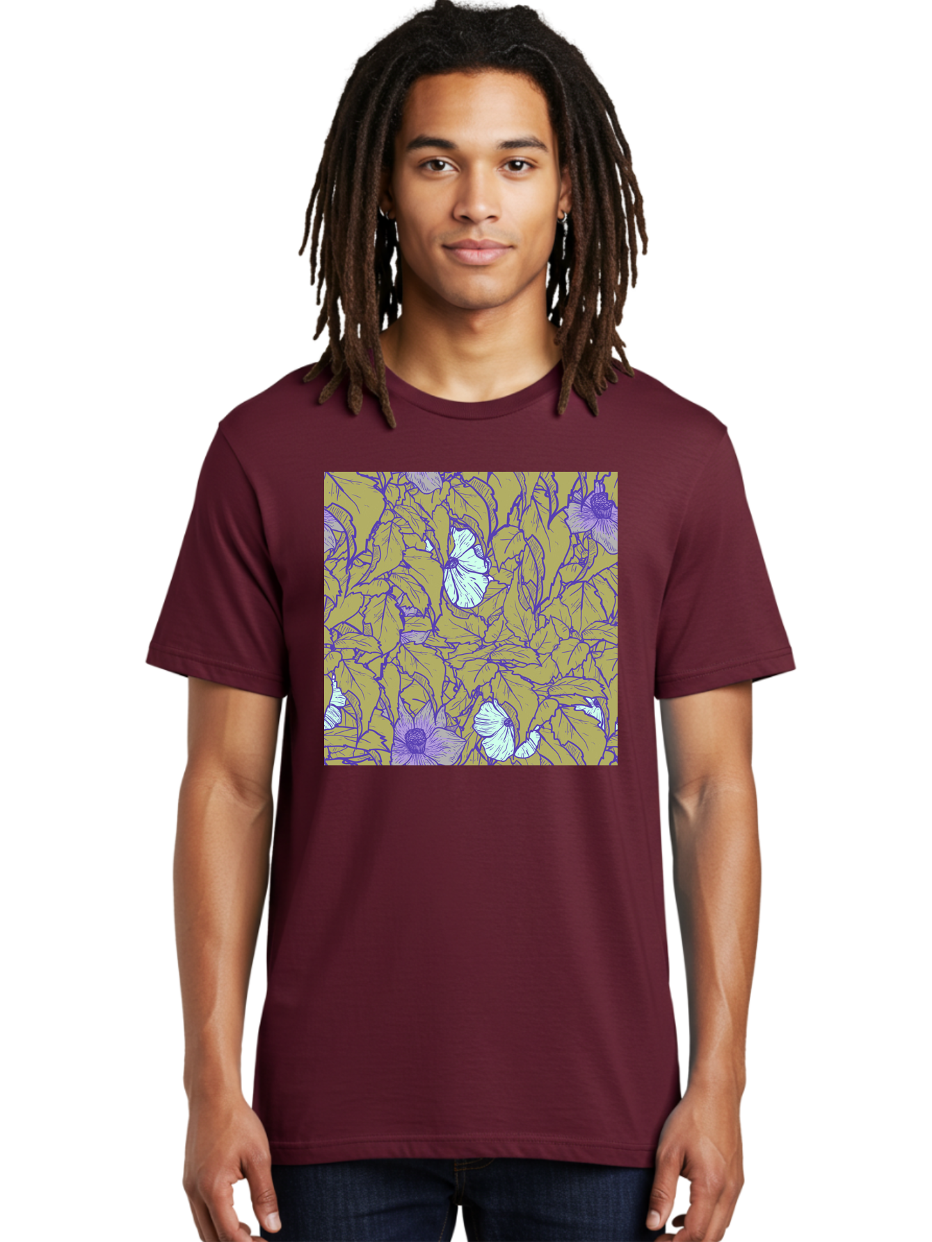 Floral-Pattern Men'S Graphic Tee, 100% Cotton, Comfortable Casual Summer Wear, Machine Washable, Floral Pattern, Purple Flowers, White Flowers, Yellow Leaves, Purple Outlines, Intricate Design, Nature-Inspired, Botanical Art, Aac392