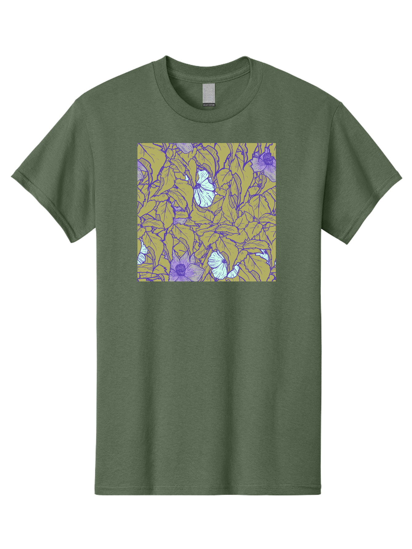 Floral-Pattern Men'S Graphic Tee, 100% Cotton, Comfortable Casual Summer Wear, Machine Washable, Floral Pattern, Purple Flowers, White Flowers, Yellow Leaves, Purple Outlines, Intricate Design, Nature-Inspired, Botanical Art, Aac392