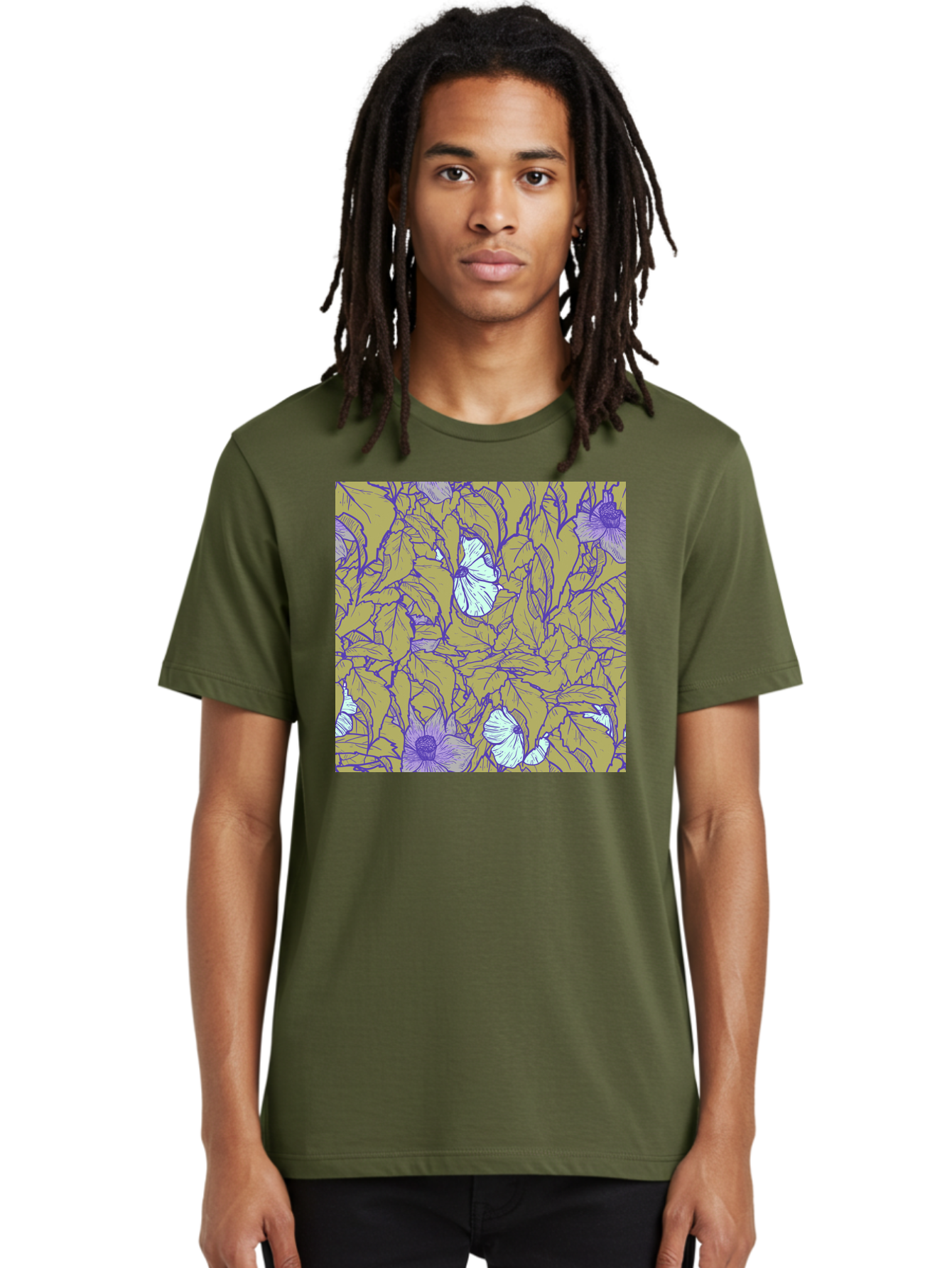 Floral-Pattern Men'S Graphic Tee, 100% Cotton, Comfortable Casual Summer Wear, Machine Washable, Floral Pattern, Purple Flowers, White Flowers, Yellow Leaves, Purple Outlines, Intricate Design, Nature-Inspired, Botanical Art, Aac392