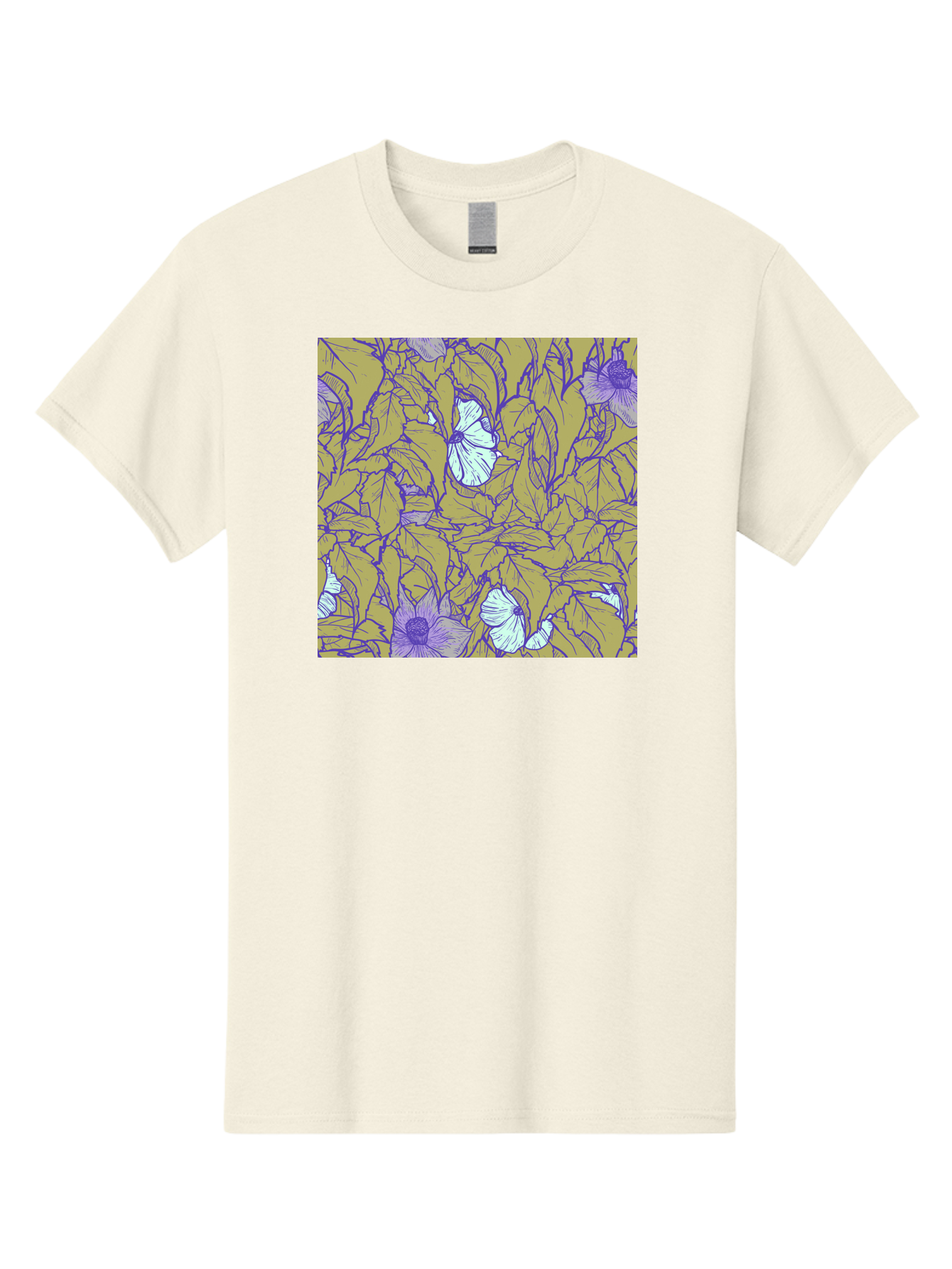 Floral-Pattern Men'S Graphic Tee, 100% Cotton, Comfortable Casual Summer Wear, Machine Washable, Floral Pattern, Purple Flowers, White Flowers, Yellow Leaves, Purple Outlines, Intricate Design, Nature-Inspired, Botanical Art, Aac392