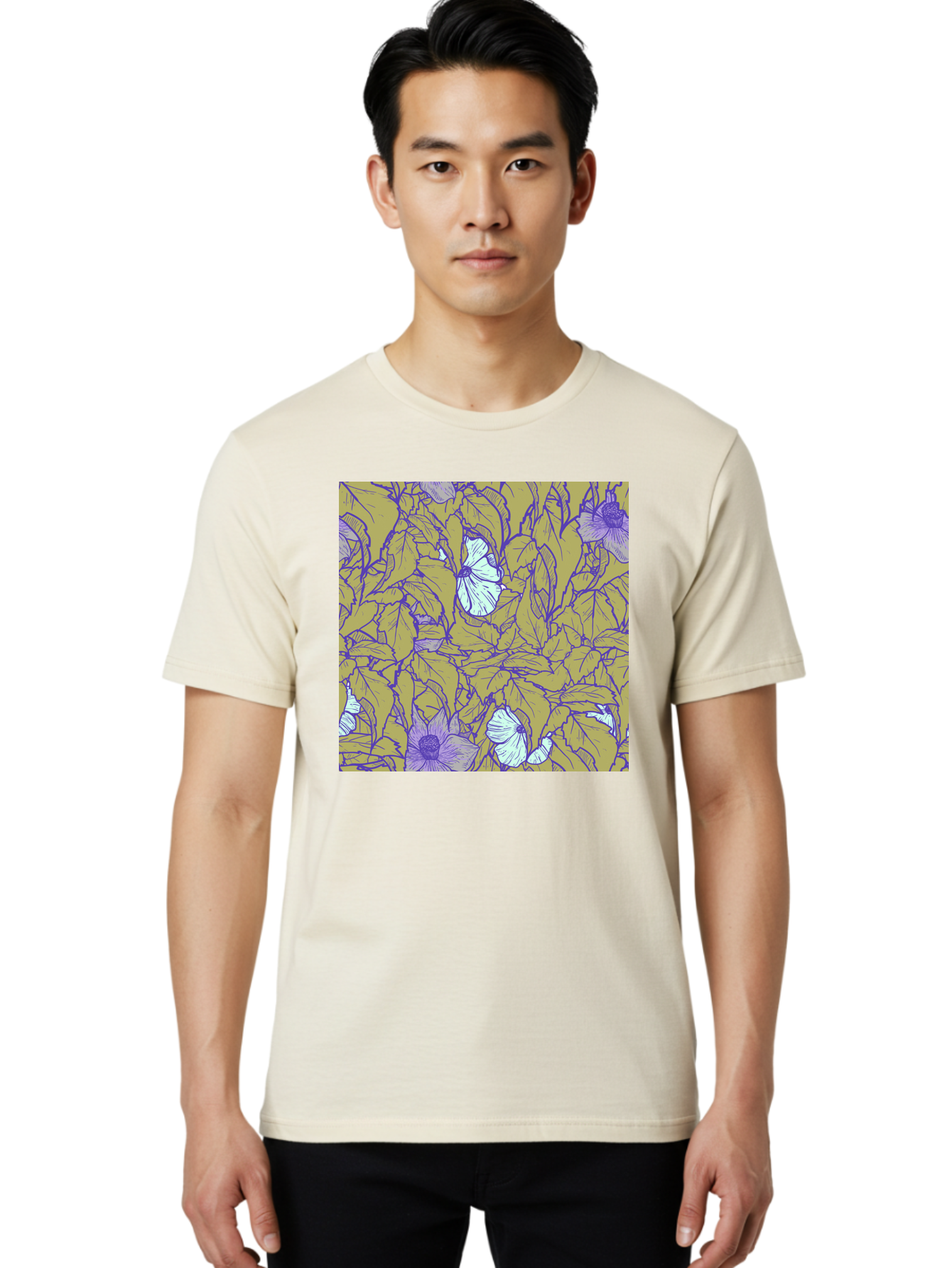 Floral-Pattern Men'S Graphic Tee, 100% Cotton, Comfortable Casual Summer Wear, Machine Washable, Floral Pattern, Purple Flowers, White Flowers, Yellow Leaves, Purple Outlines, Intricate Design, Nature-Inspired, Botanical Art, Aac392