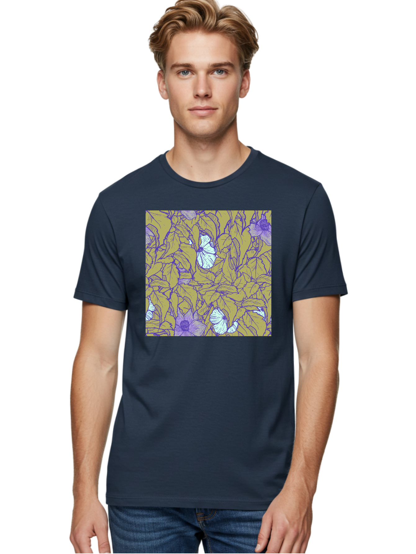 Floral-Pattern Men'S Graphic Tee, 100% Cotton, Comfortable Casual Summer Wear, Machine Washable, Floral Pattern, Purple Flowers, White Flowers, Yellow Leaves, Purple Outlines, Intricate Design, Nature-Inspired, Botanical Art, Aac392