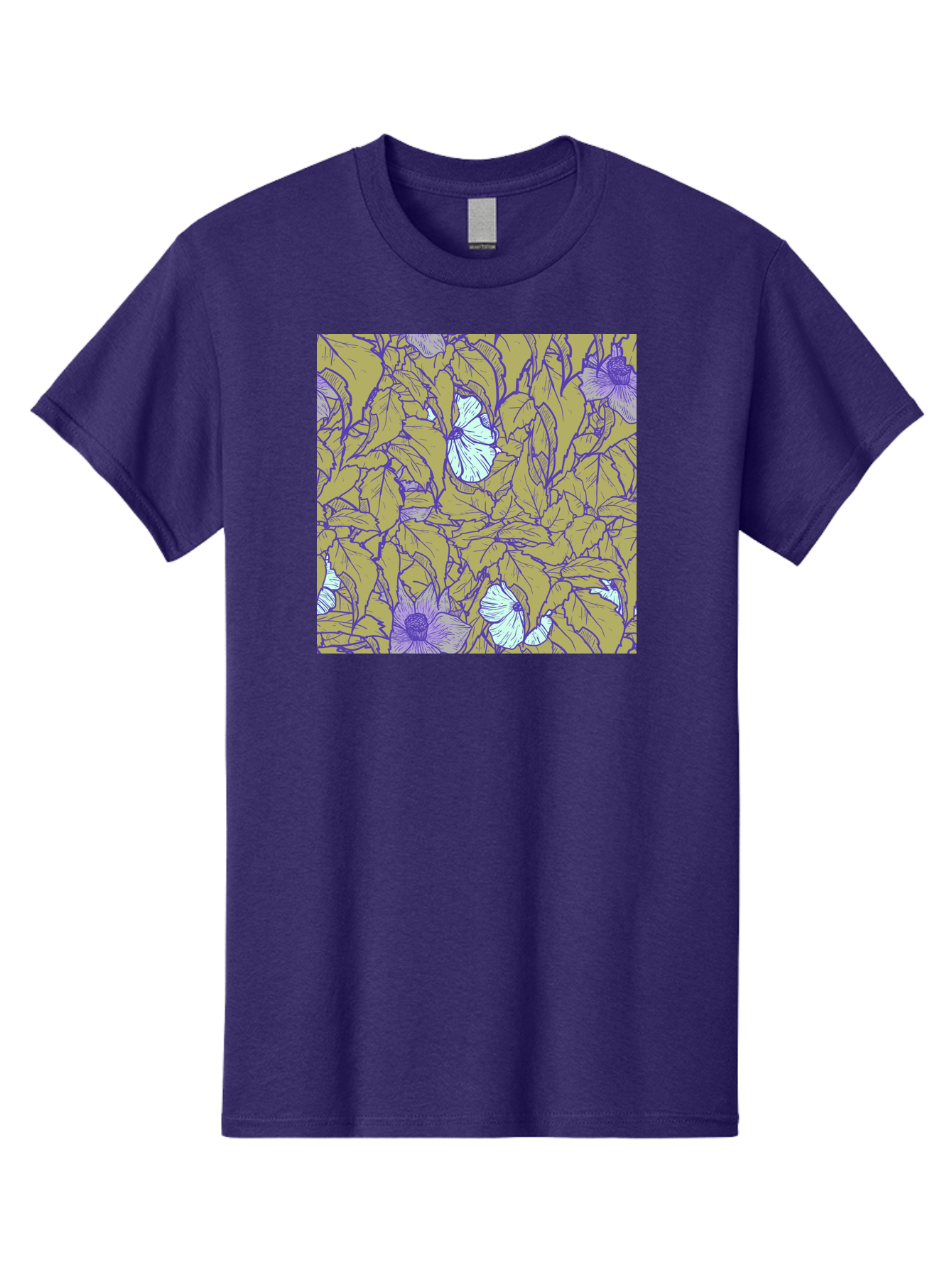 Floral-Pattern Men'S Graphic Tee, 100% Cotton, Comfortable Casual Summer Wear, Machine Washable, Floral Pattern, Purple Flowers, White Flowers, Yellow Leaves, Purple Outlines, Intricate Design, Nature-Inspired, Botanical Art, Aac392