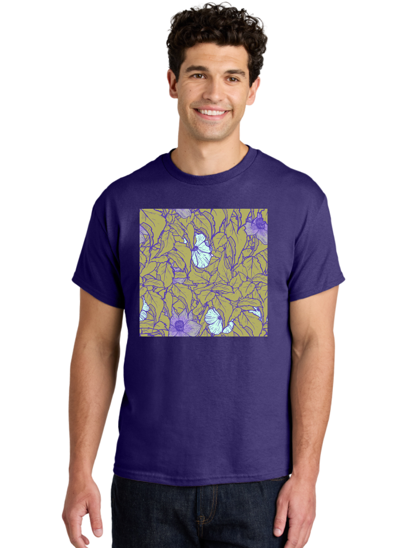 Floral-Pattern Men'S Graphic Tee, 100% Cotton, Comfortable Casual Summer Wear, Machine Washable, Floral Pattern, Purple Flowers, White Flowers, Yellow Leaves, Purple Outlines, Intricate Design, Nature-Inspired, Botanical Art, Aac392