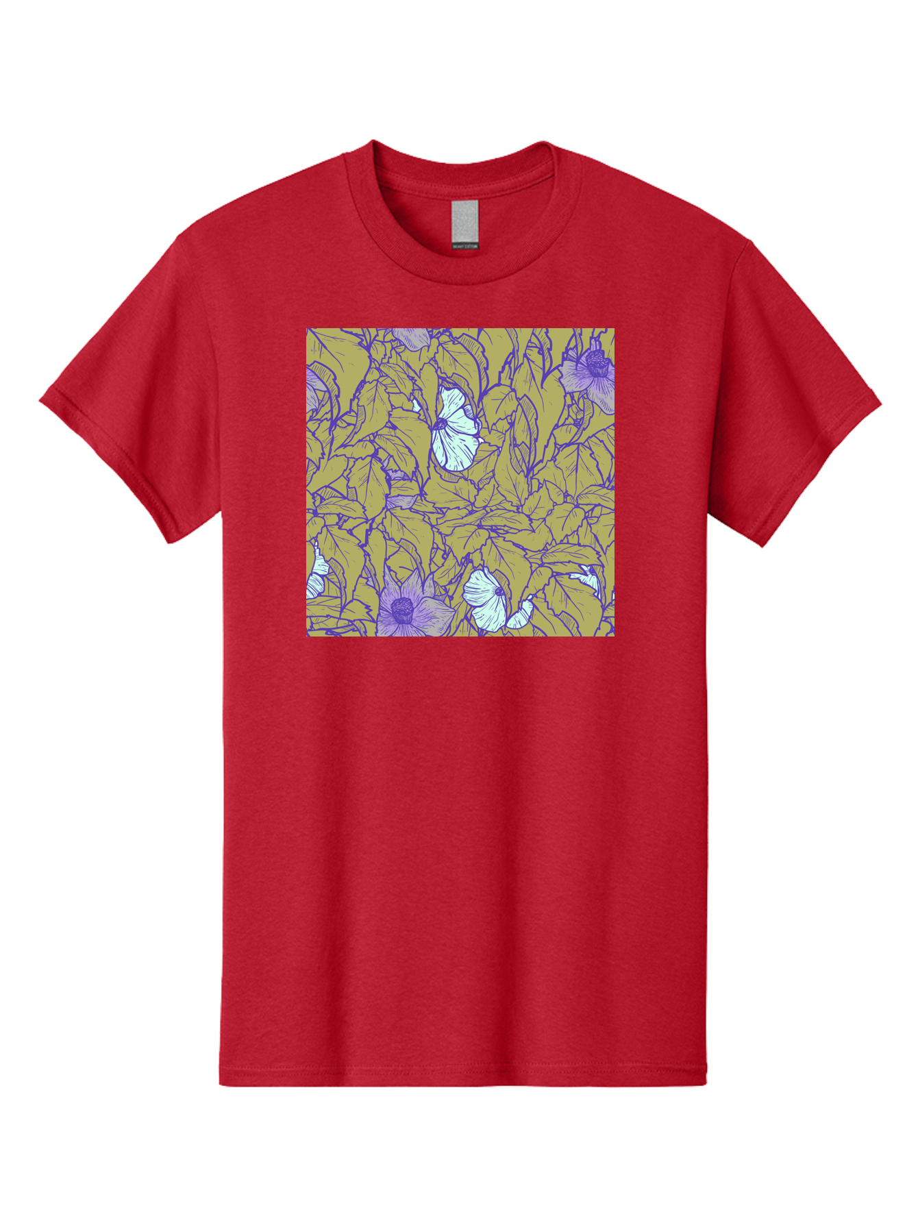 Floral-Pattern Men'S Graphic Tee, 100% Cotton, Comfortable Casual Summer Wear, Machine Washable, Floral Pattern, Purple Flowers, White Flowers, Yellow Leaves, Purple Outlines, Intricate Design, Nature-Inspired, Botanical Art, Aac392