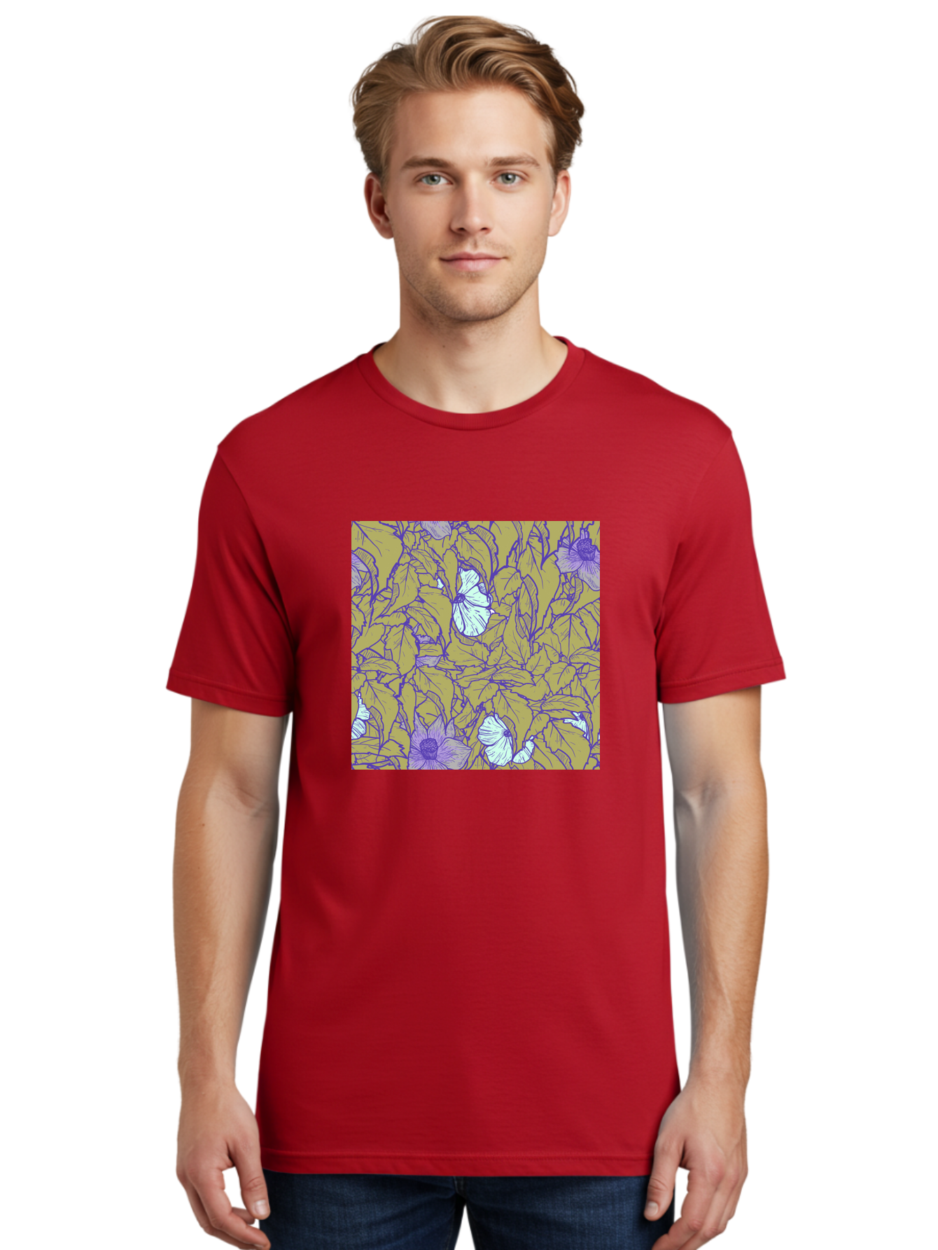 Floral-Pattern Men'S Graphic Tee, 100% Cotton, Comfortable Casual Summer Wear, Machine Washable, Floral Pattern, Purple Flowers, White Flowers, Yellow Leaves, Purple Outlines, Intricate Design, Nature-Inspired, Botanical Art, Aac392