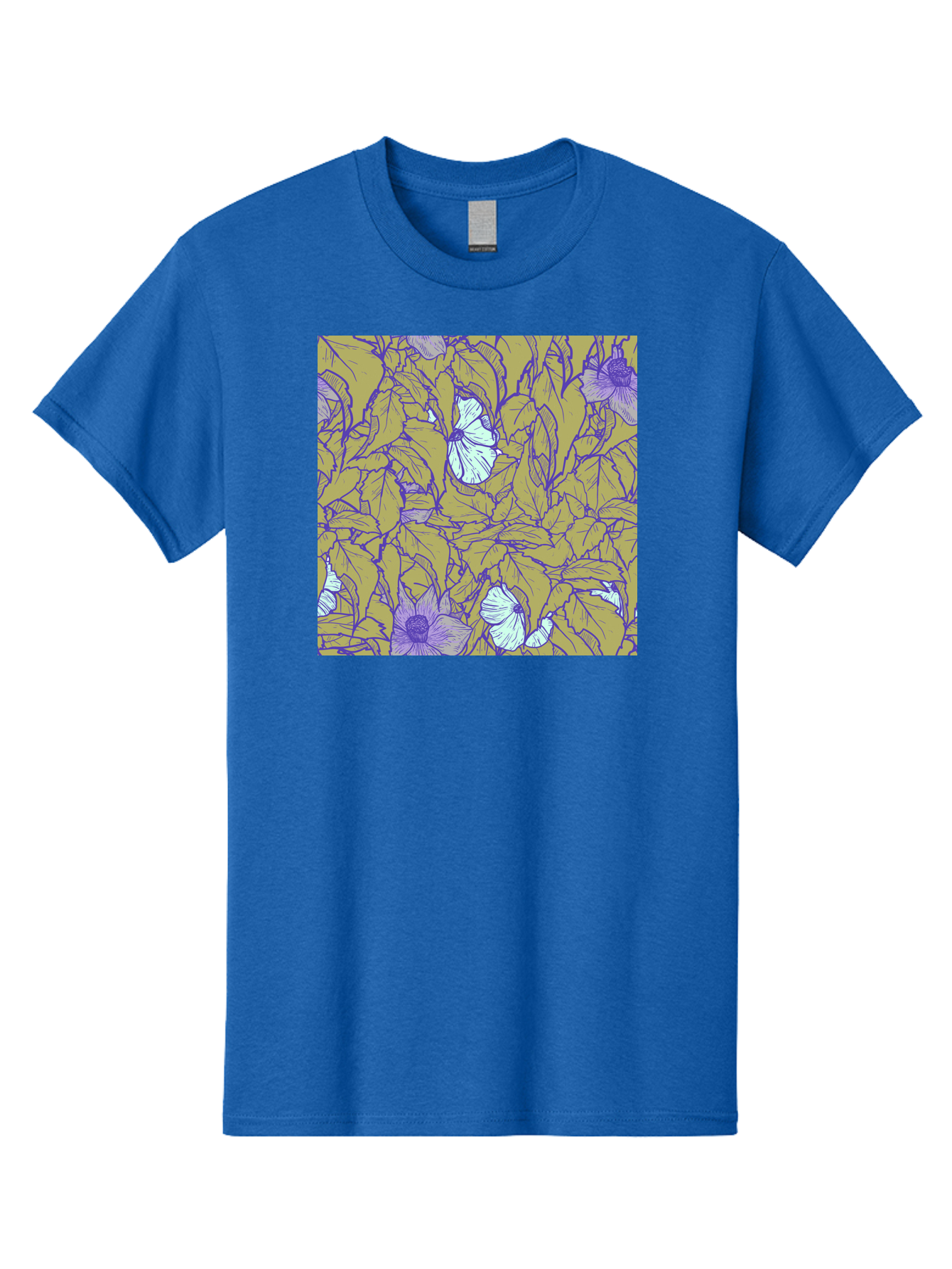 Floral-Pattern Men'S Graphic Tee, 100% Cotton, Comfortable Casual Summer Wear, Machine Washable, Floral Pattern, Purple Flowers, White Flowers, Yellow Leaves, Purple Outlines, Intricate Design, Nature-Inspired, Botanical Art, Aac392