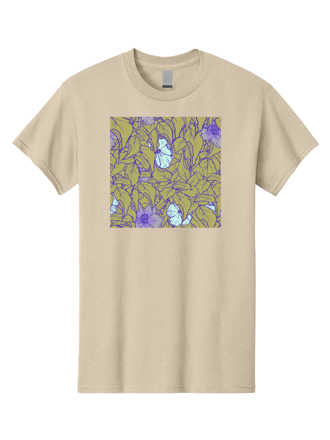 Floral-Pattern Men'S Graphic Tee, 100% Cotton, Comfortable Casual Summer Wear, Machine Washable, Floral Pattern, Purple Flowers, White Flowers, Yellow Leaves, Purple Outlines, Intricate Design, Nature-Inspired, Botanical Art, Aac392